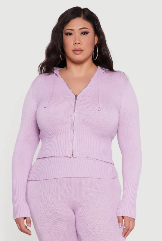 Plus Size Zip Front Hooded Ribbed Knit Cropped Sweater sold by Rainbow