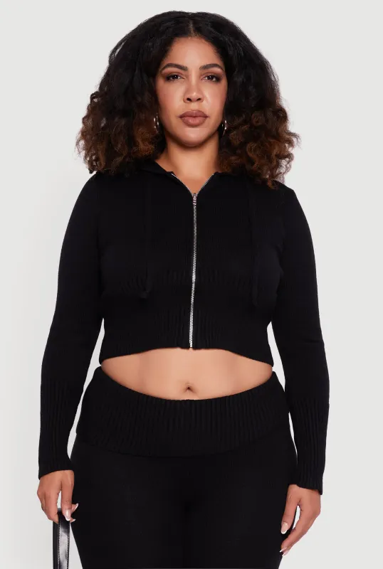 Plus Size Zip Front Hooded Ribbed Knit Cropped Sweater sold by Rainbow