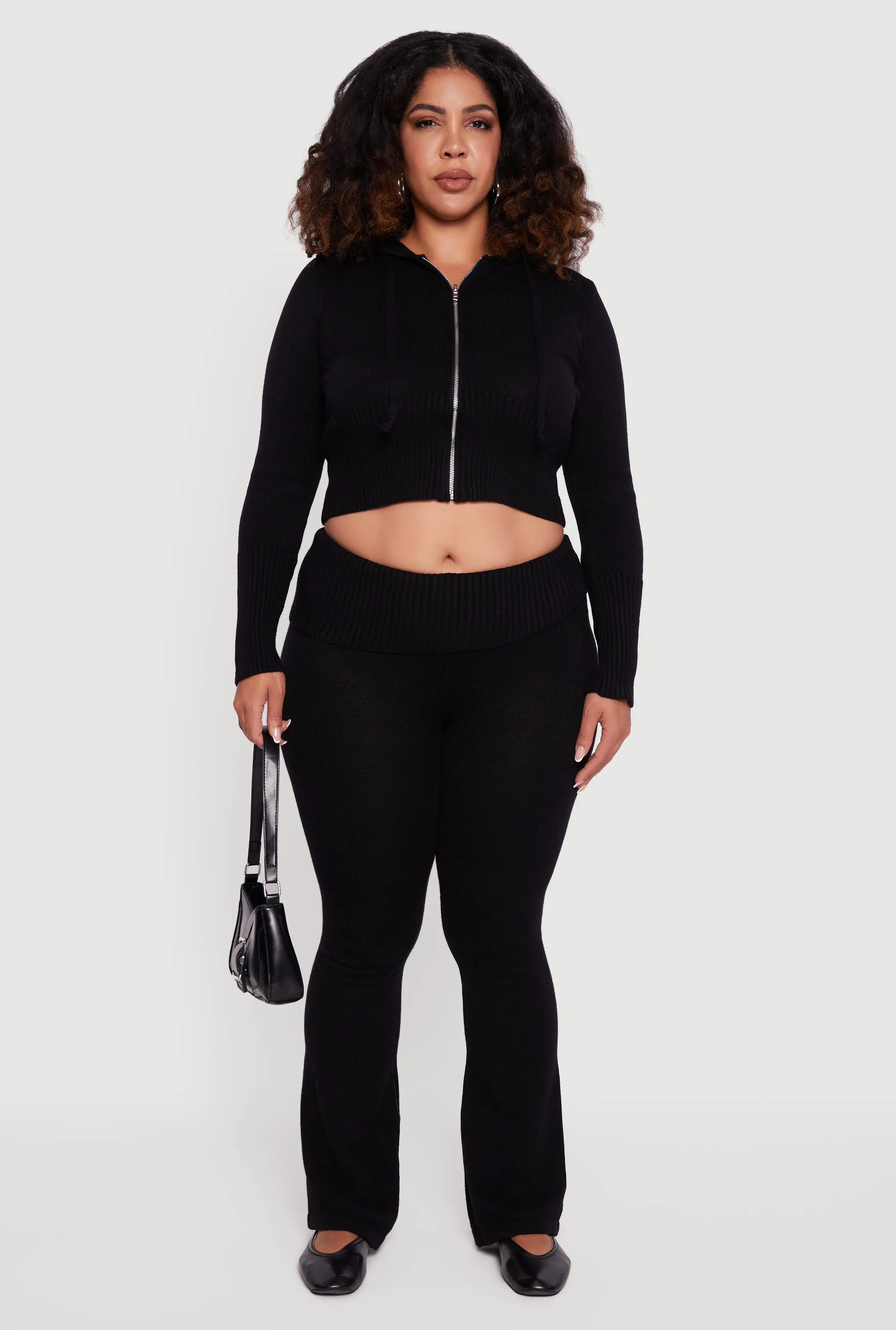 Plus Size Zip Front Hooded Ribbed Knit Cropped Sweater sold by Rainbow product image thumbnail 2