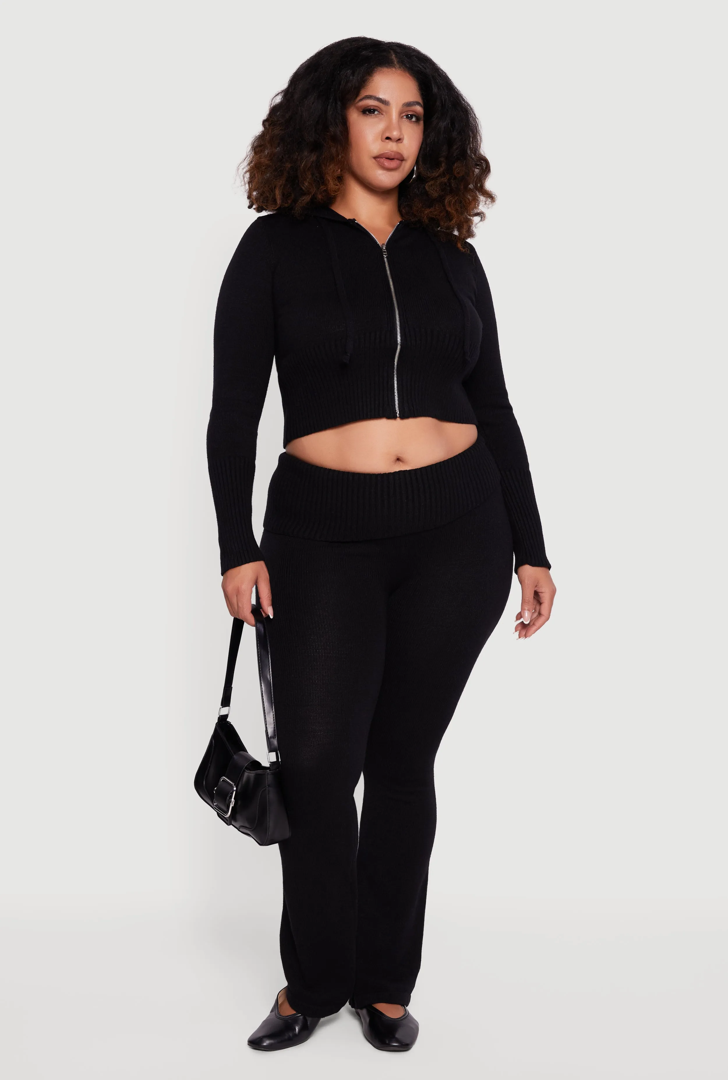 Plus Size Zip Front Hooded Ribbed Knit Cropped Sweater sold by Rainbow product image thumbnail 3