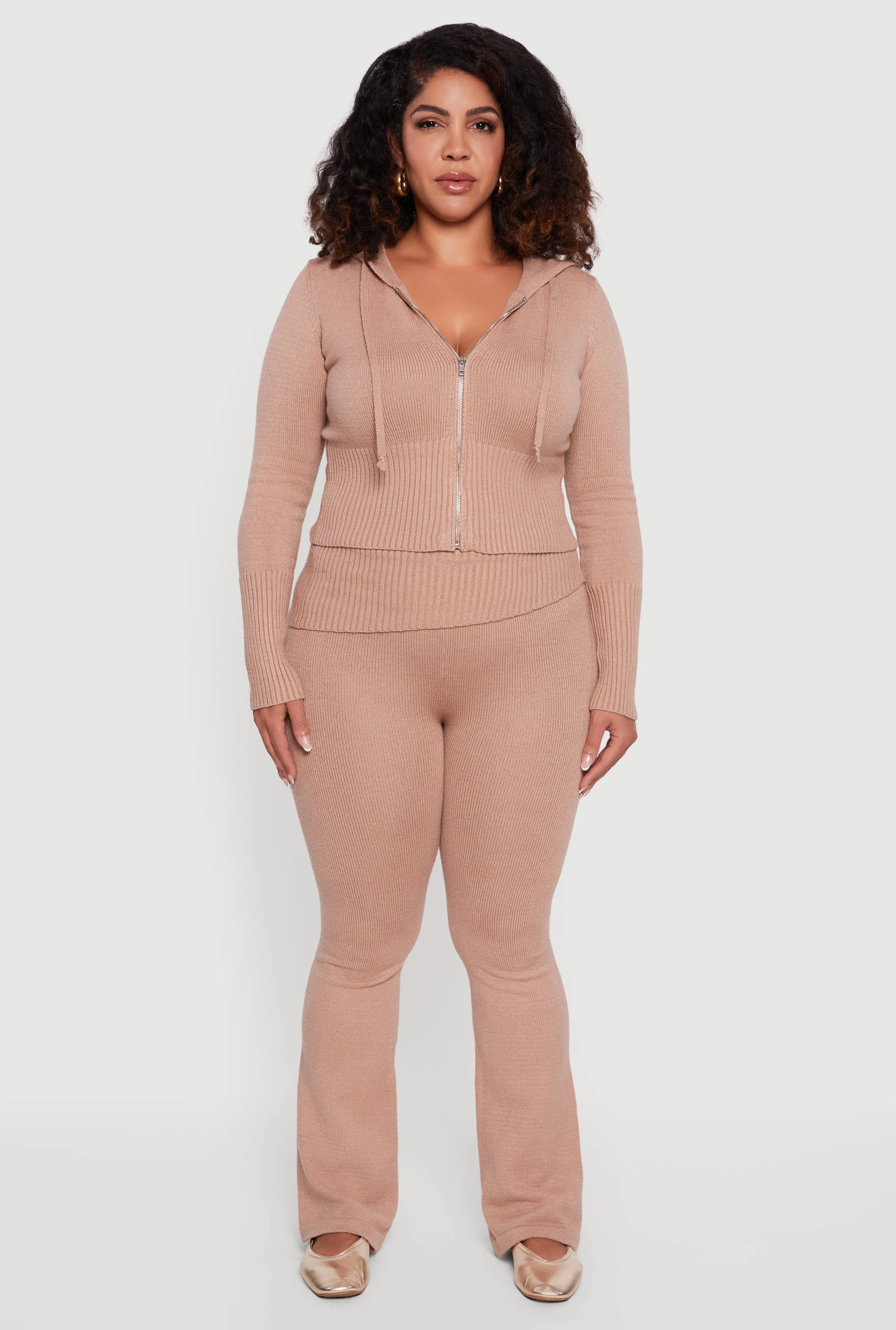 Plus Size Zip Front Hooded Ribbed Knit Cropped Sweater sold by Rainbow product image thumbnail 3