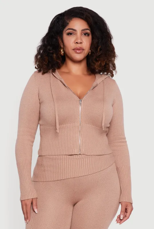 Plus Size Zip Front Hooded Ribbed Knit Cropped Sweater sold by Rainbow