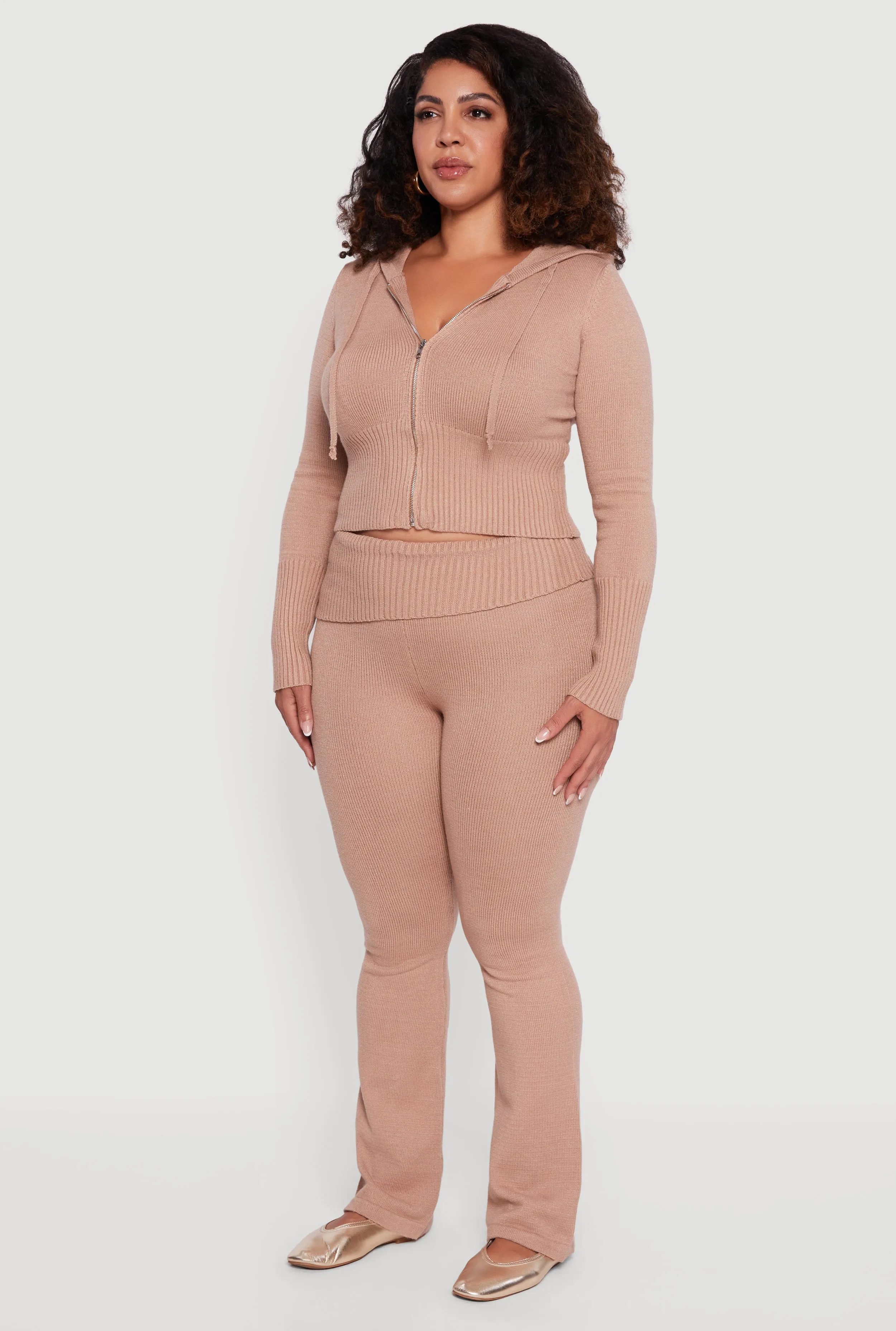 Plus Size Zip Front Hooded Ribbed Knit Cropped Sweater sold by Rainbow product image thumbnail 5