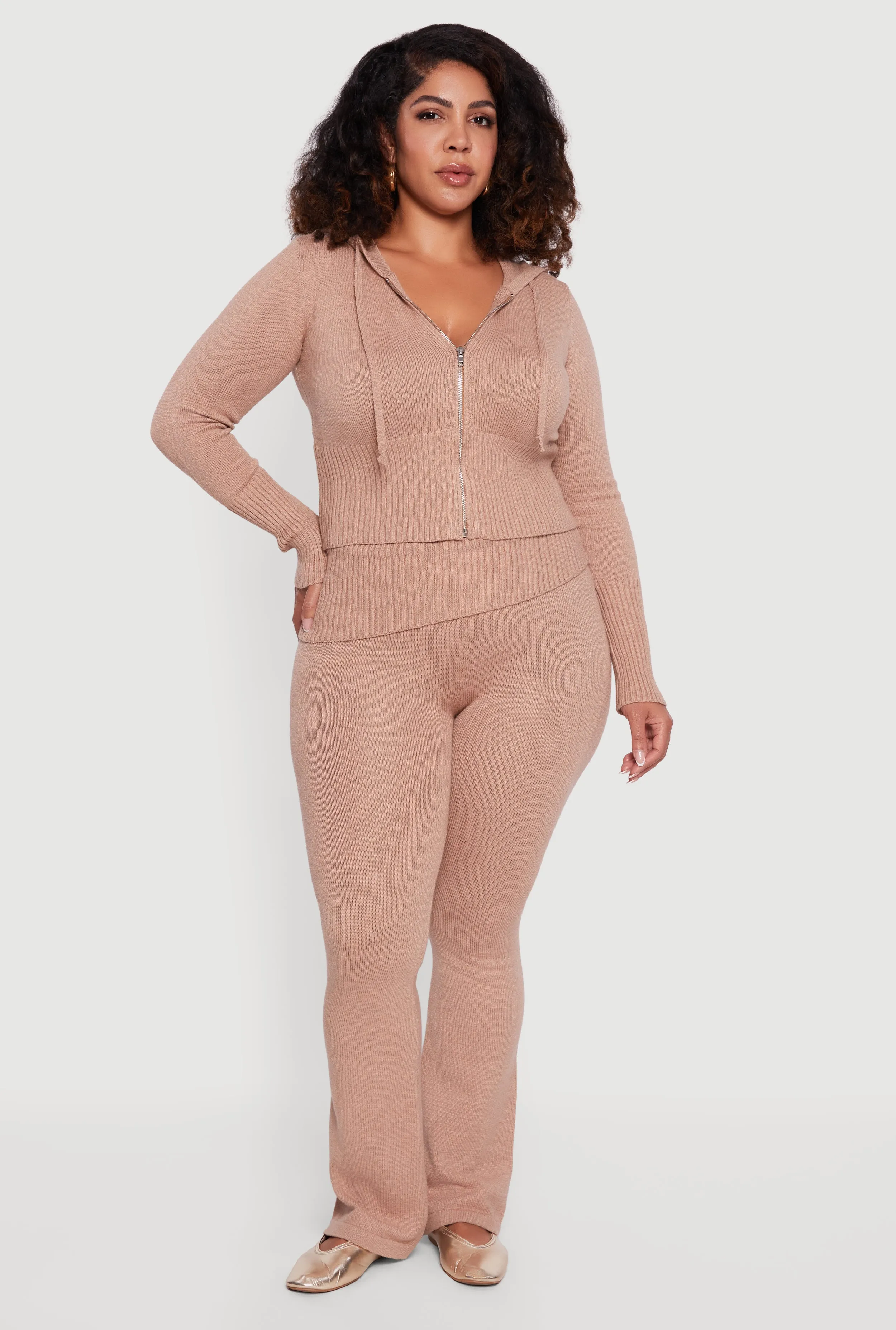 Plus Size Zip Front Hooded Ribbed Knit Cropped Sweater sold by Rainbow product image thumbnail 2