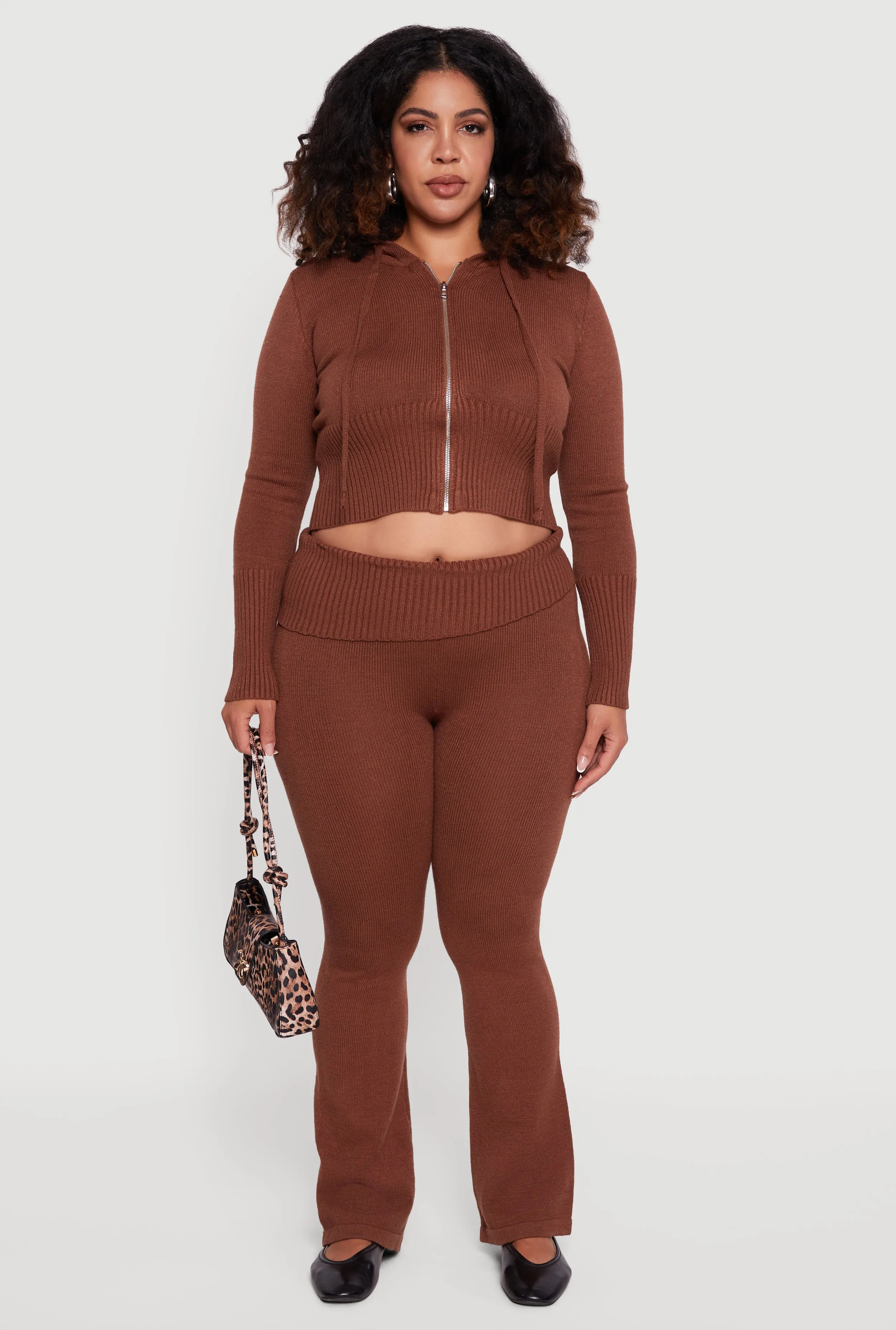 Plus Size Zip Front Hooded Ribbed Knit Cropped Sweater sold by Rainbow product image thumbnail 2