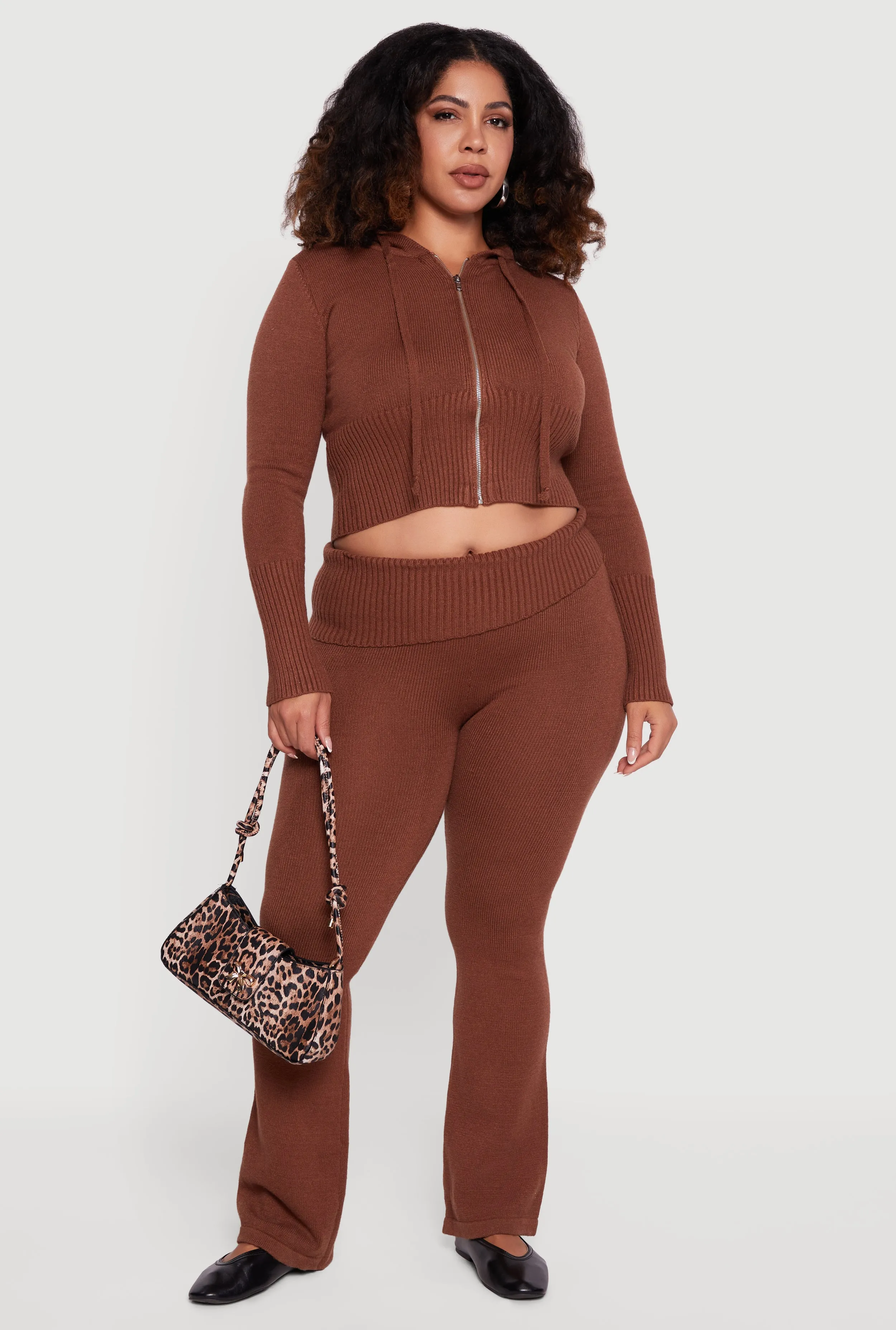 Plus Size Zip Front Hooded Ribbed Knit Cropped Sweater sold by Rainbow product image thumbnail 3