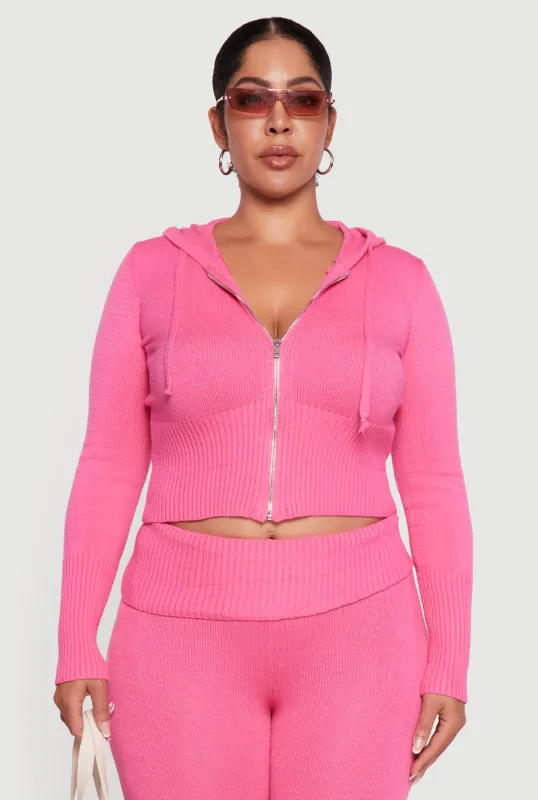 Plus Size Zip Front Hooded Ribbed Knit Cropped Sweater sold by Rainbow