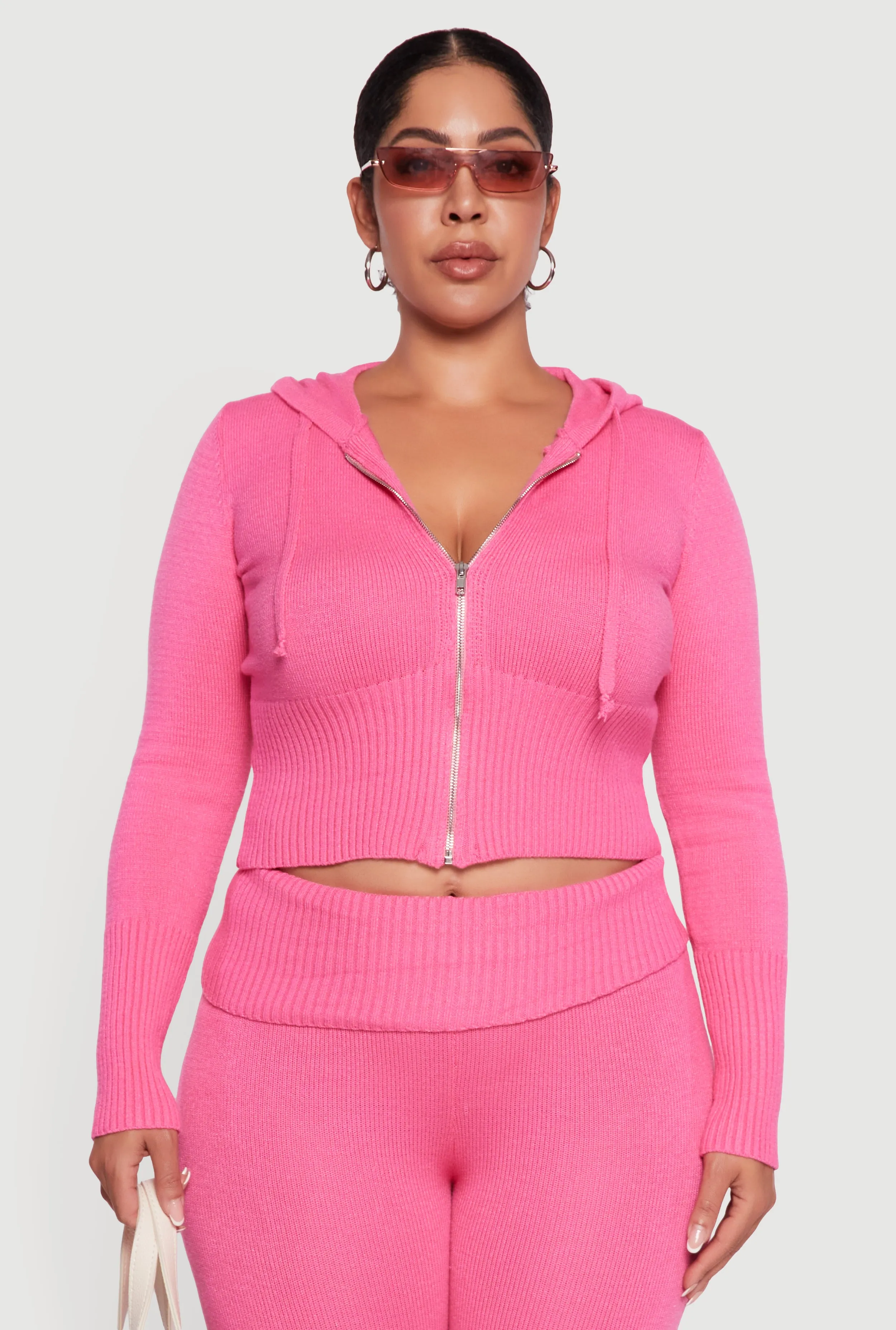Plus Size Zip Front Hooded Ribbed Knit Cropped Sweater sold by Rainbow