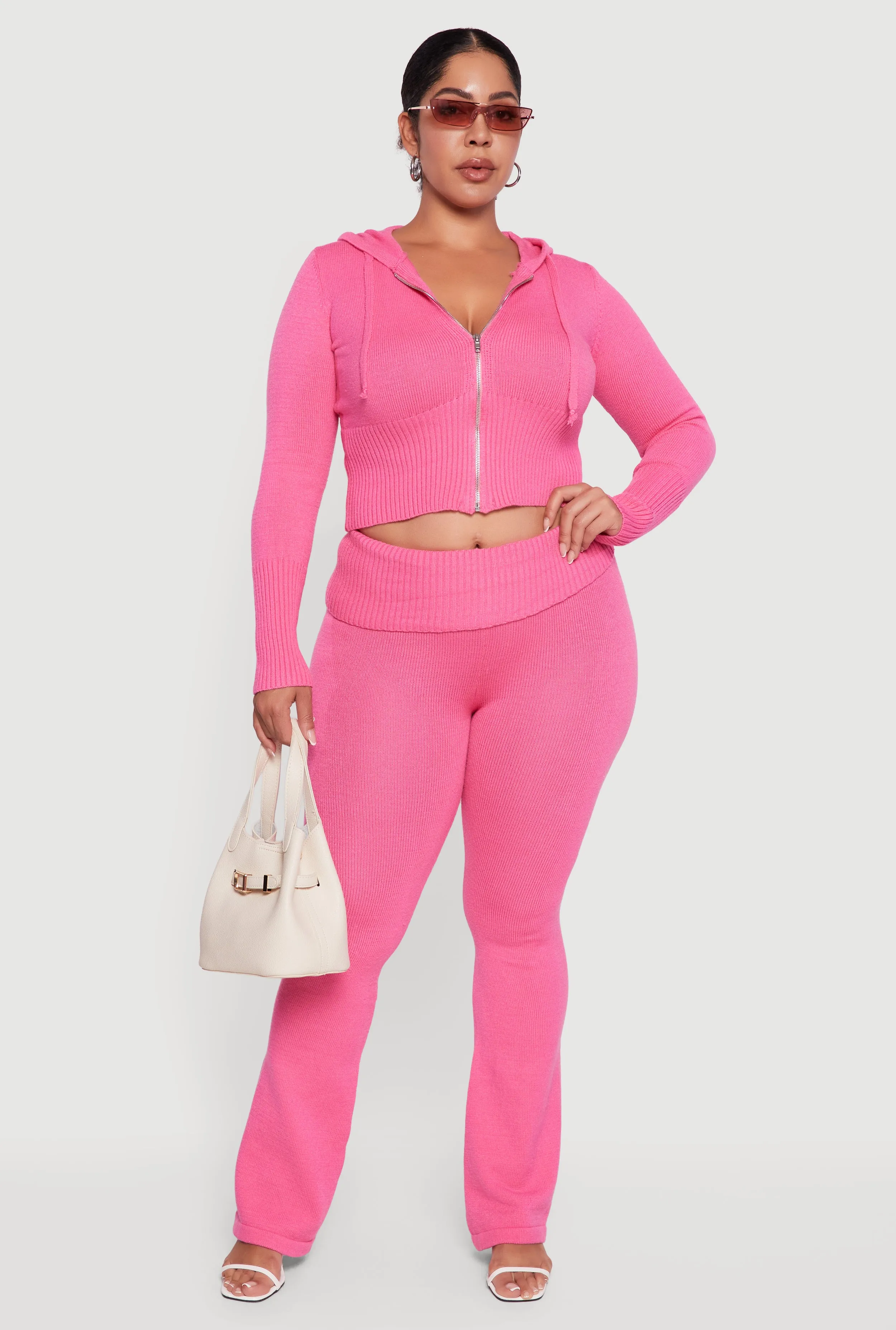 Plus Size Zip Front Hooded Ribbed Knit Cropped Sweater sold by Rainbow product image thumbnail 2