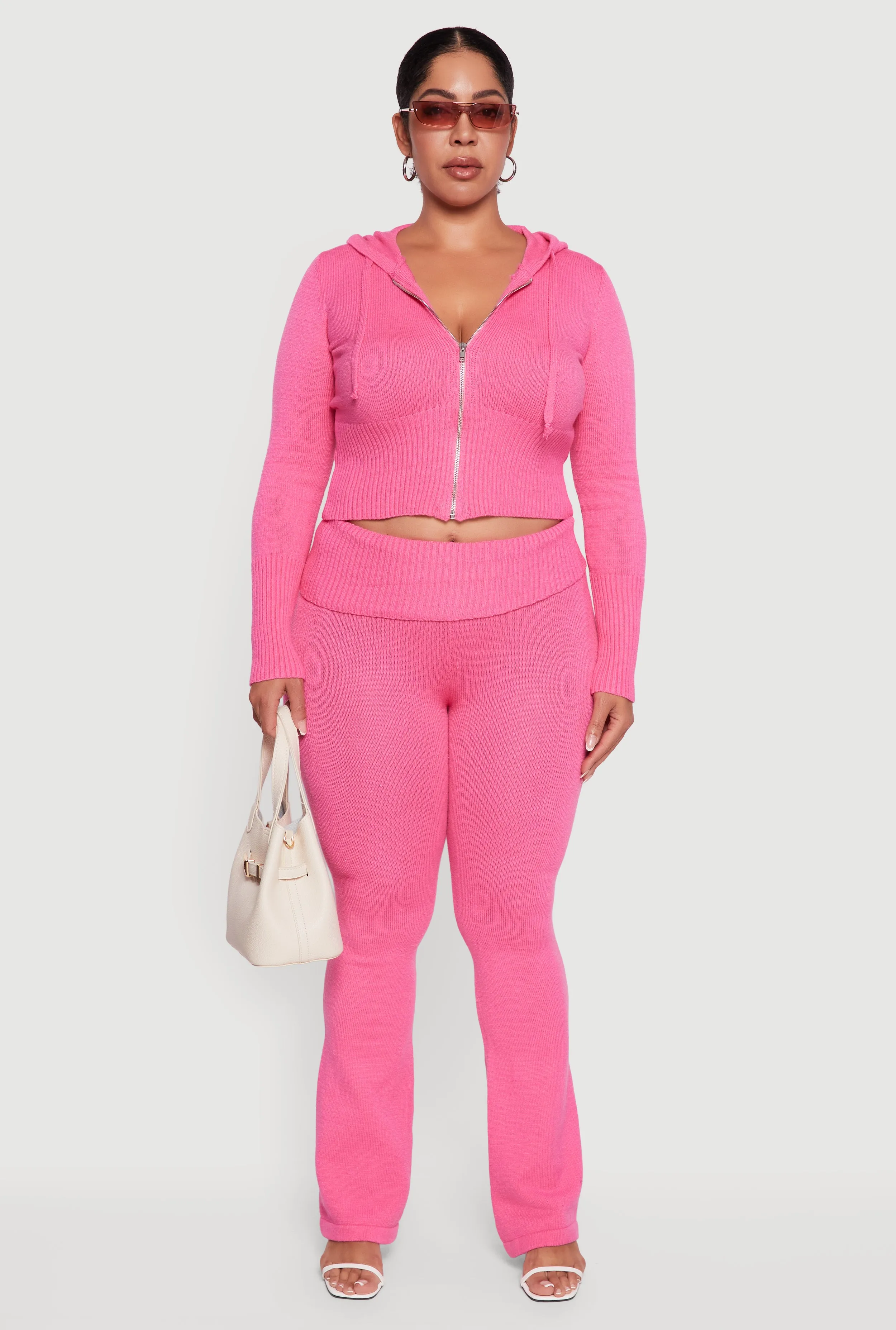 Plus Size Zip Front Hooded Ribbed Knit Cropped Sweater sold by Rainbow product image thumbnail 3