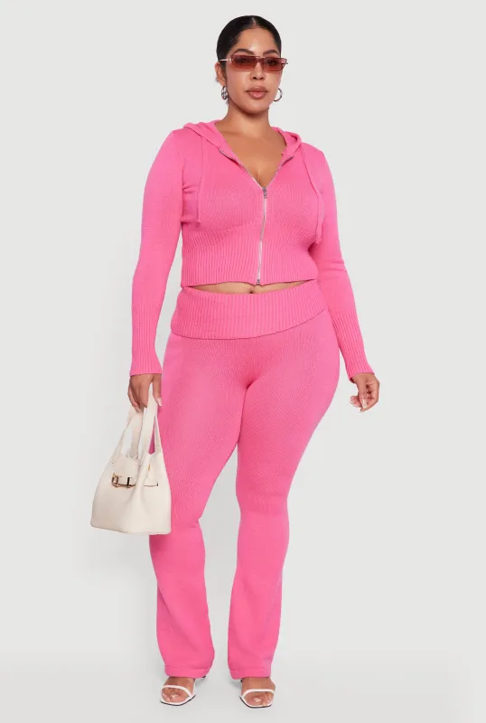 Plus Size Ribbed Knit Fold Over Flare Pants sold by Rainbow