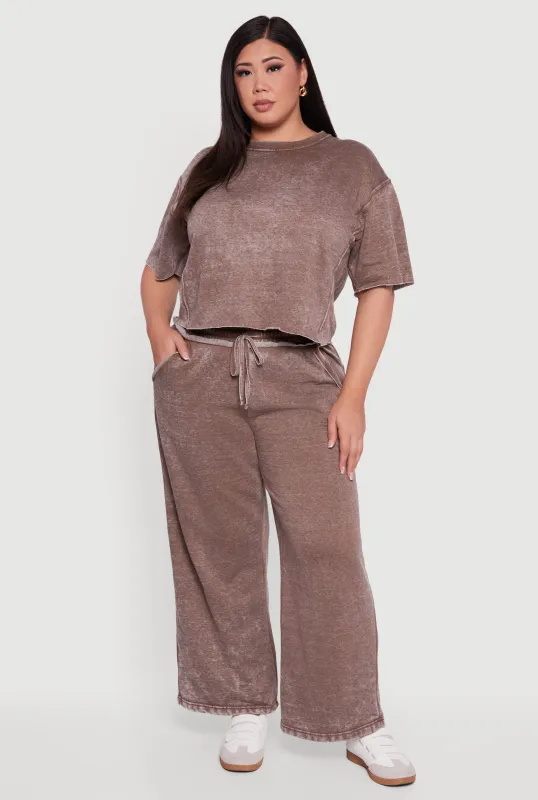 Plus Size Mineral Wash Drawstring Waist Wide Leg Sweatpants sold by Rainbow