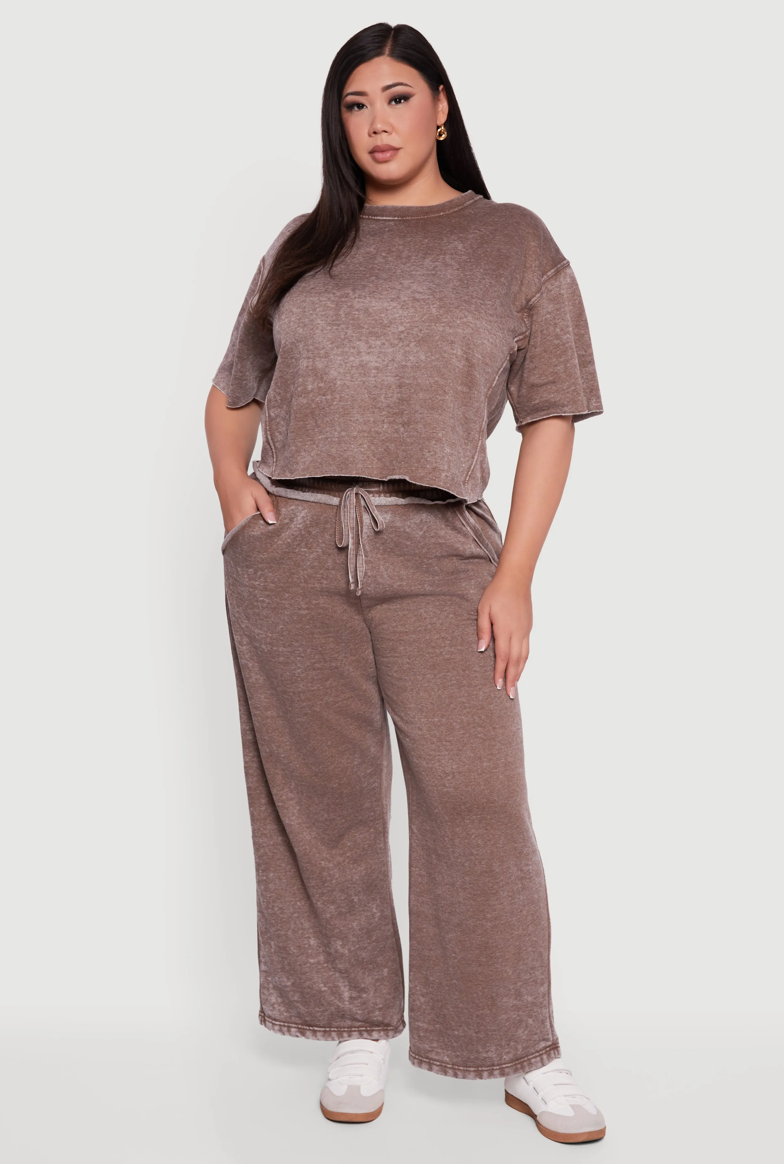 Plus Size Mineral Wash Drawstring Waist Wide Leg Sweatpants sold by Rainbow