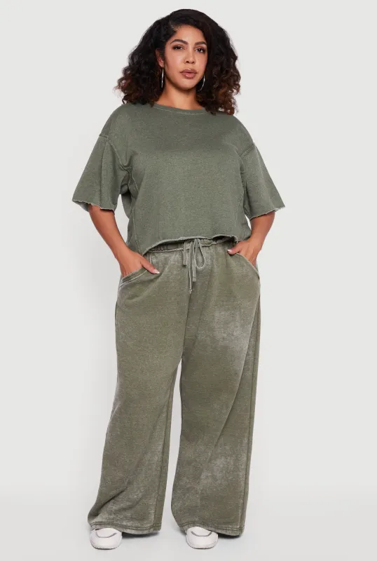 Plus Size Mineral Wash Drawstring Waist Wide Leg Sweatpants sold by Rainbow