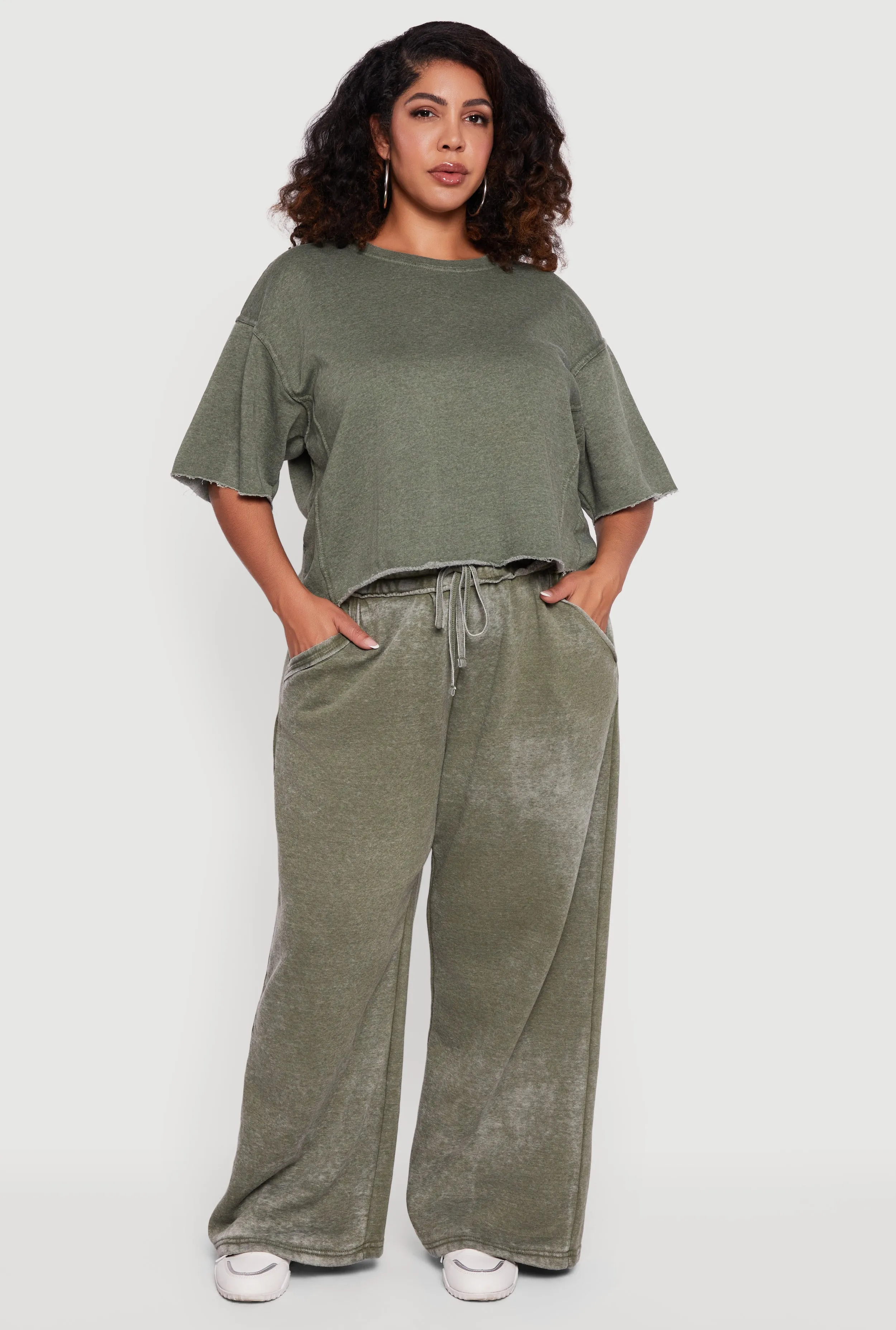 Plus Size Mineral Wash Drawstring Waist Wide Leg Sweatpants sold by Rainbow