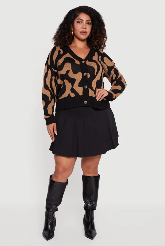 Plus Size Swirl Print Button Front Long Sleeve Cardigan sold by Rainbow