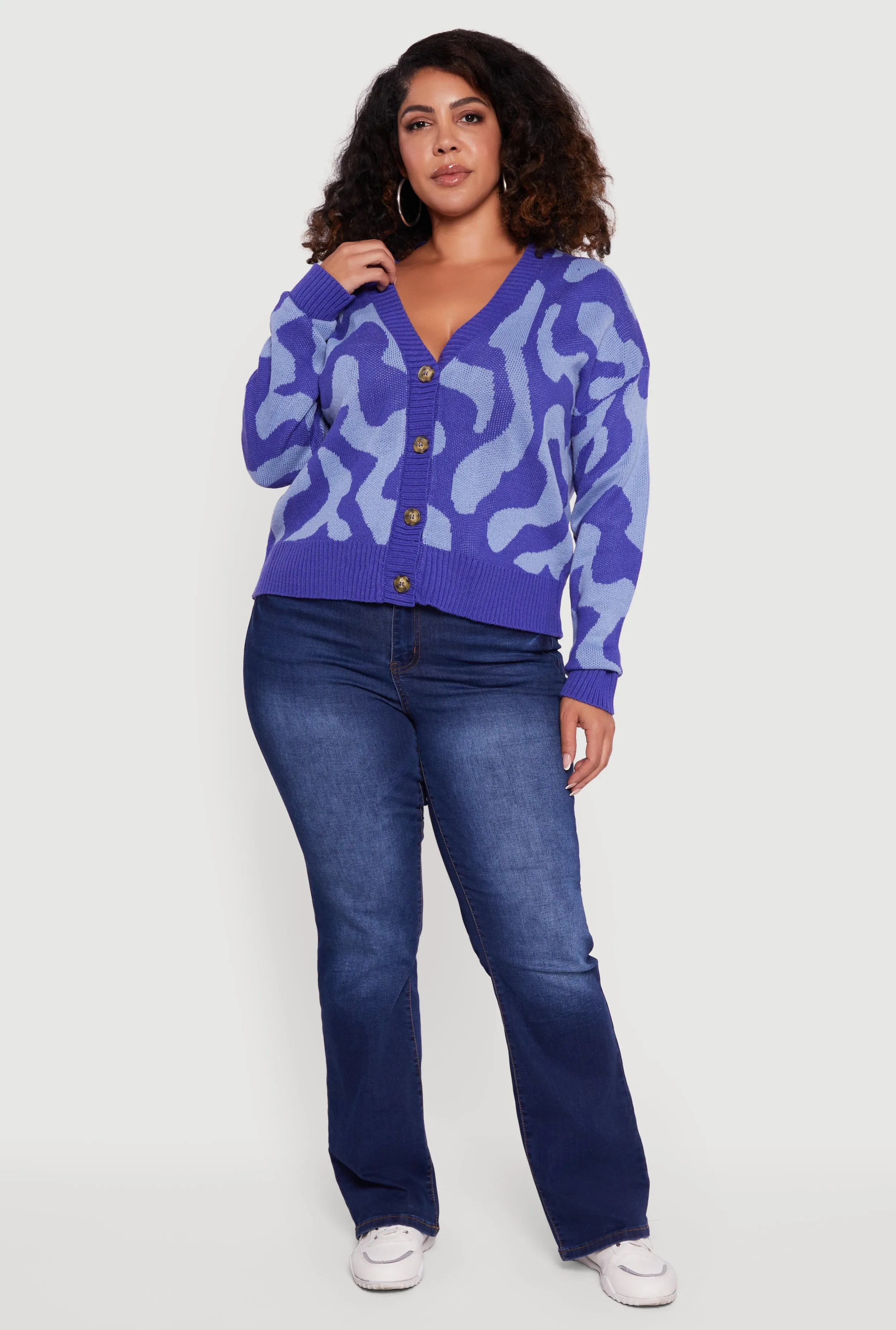 Plus Size Swirl Print Button Front Long Sleeve Cardigan sold by Rainbow