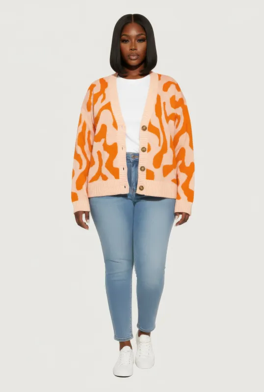 Plus Size Swirl Print Button Front Long Sleeve Cardigan sold by Rainbow