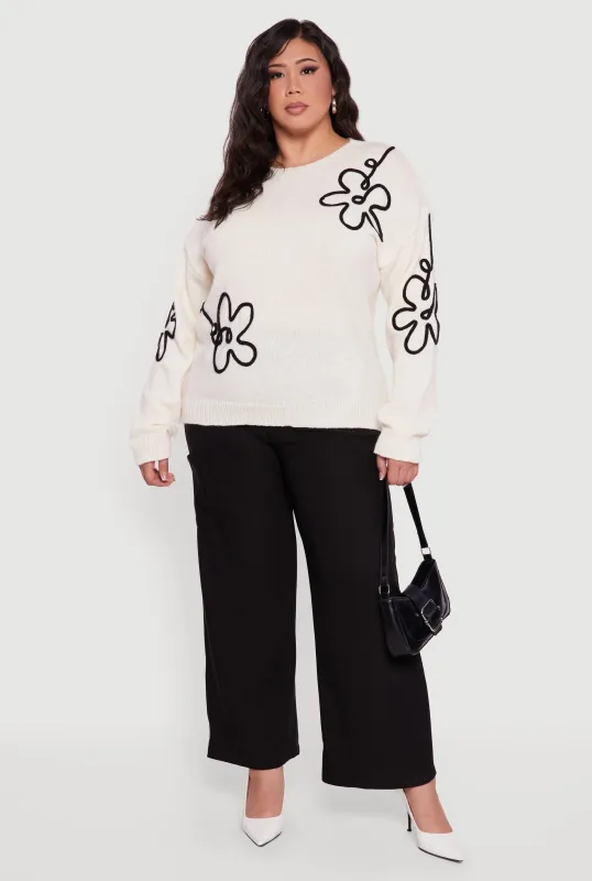 Plus Size Brushed Knit Flower Embroidered Sweater sold by Rainbow