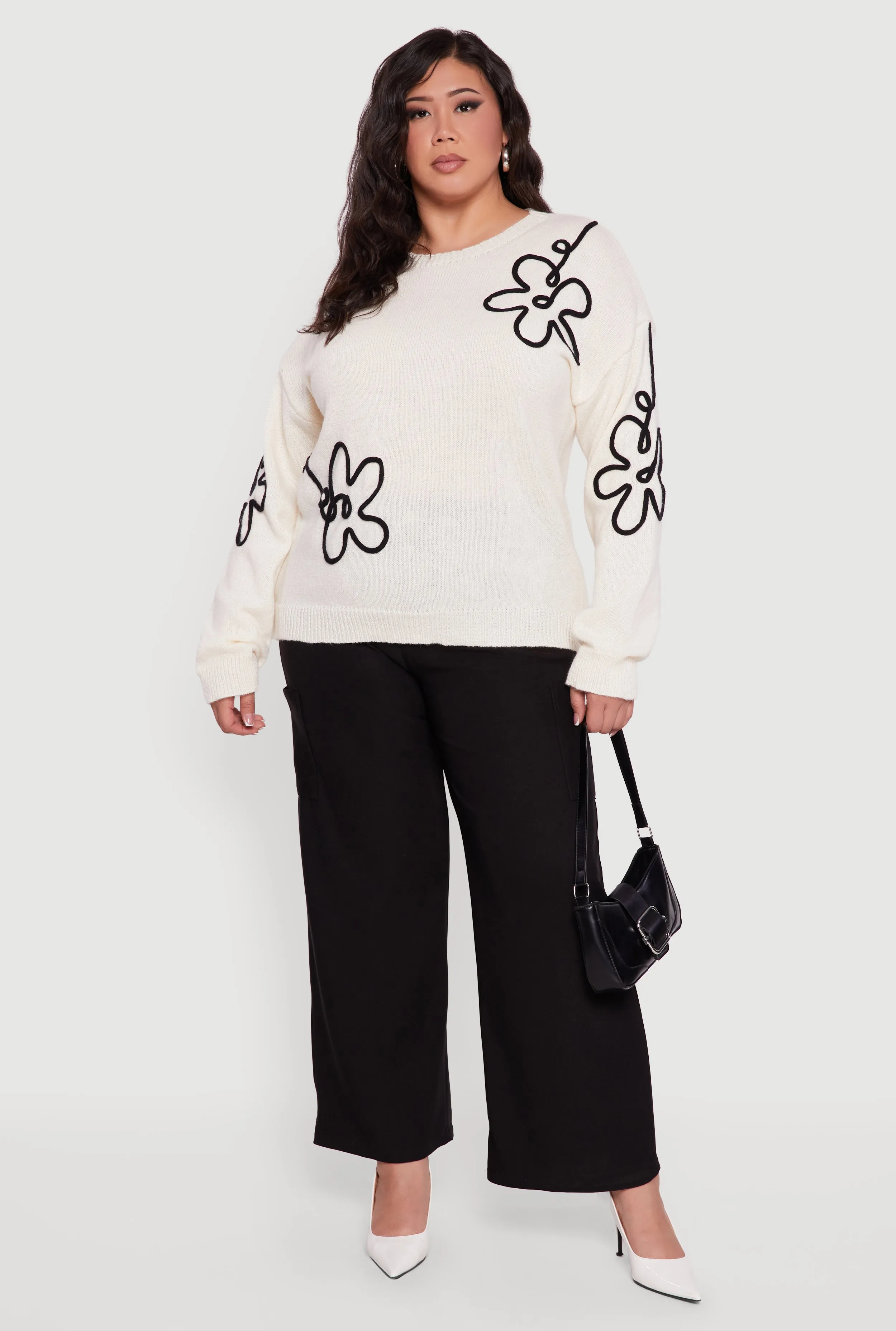 Plus Size Brushed Knit Flower Embroidered Sweater sold by Rainbow