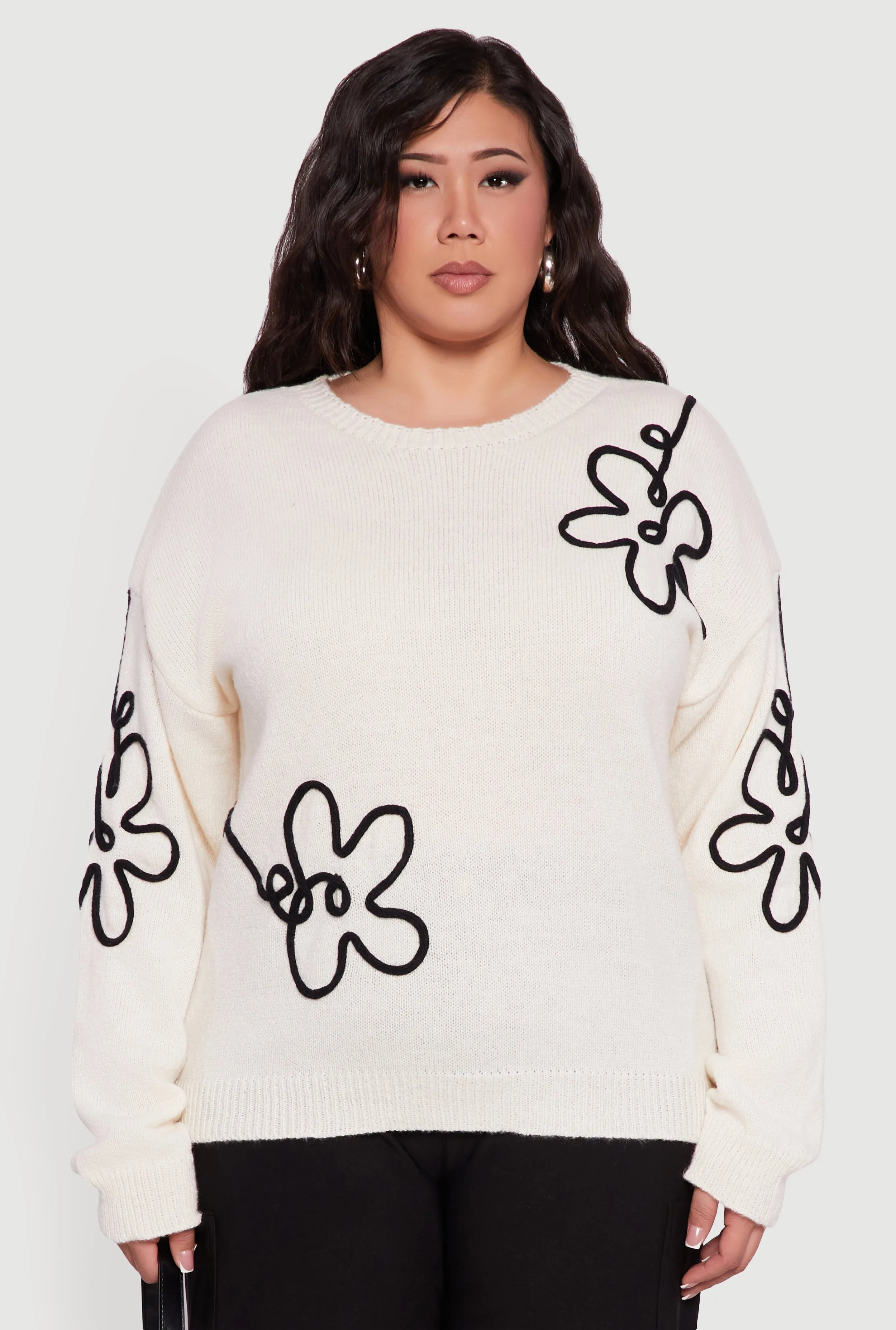 Plus Size Brushed Knit Flower Embroidered Sweater sold by Rainbow product image thumbnail 2