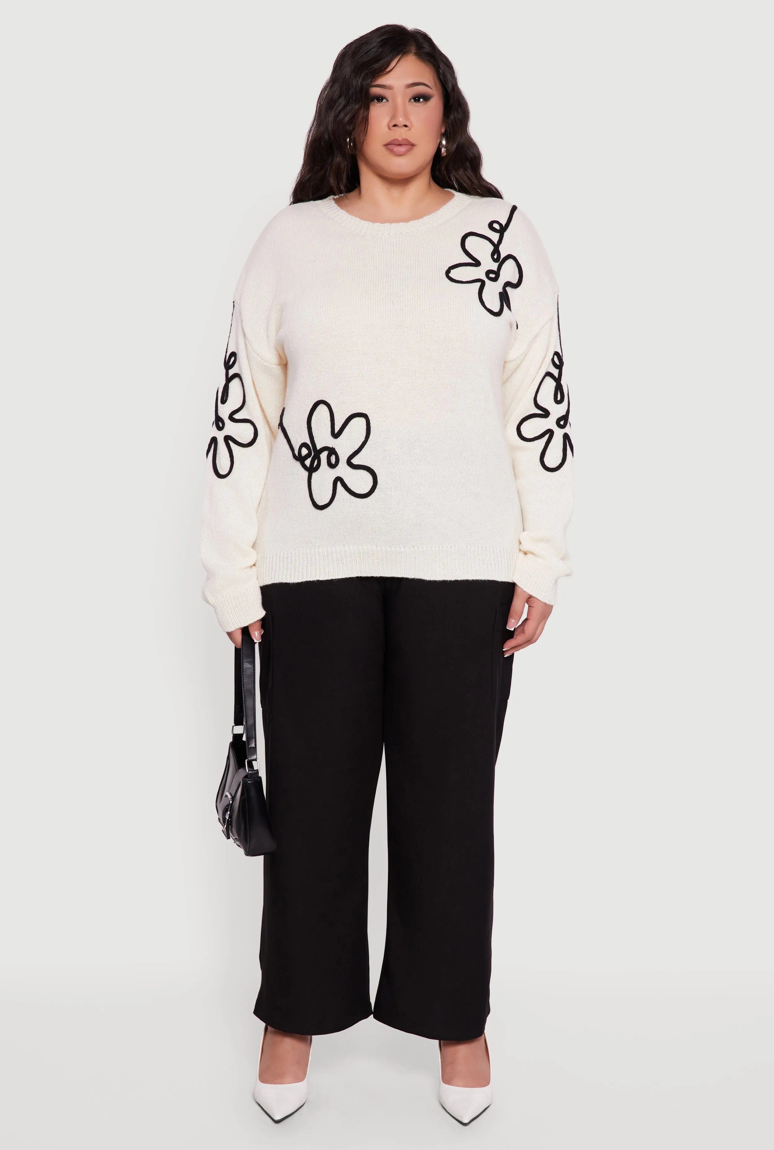 Plus Size Brushed Knit Flower Embroidered Sweater sold by Rainbow product image thumbnail 3