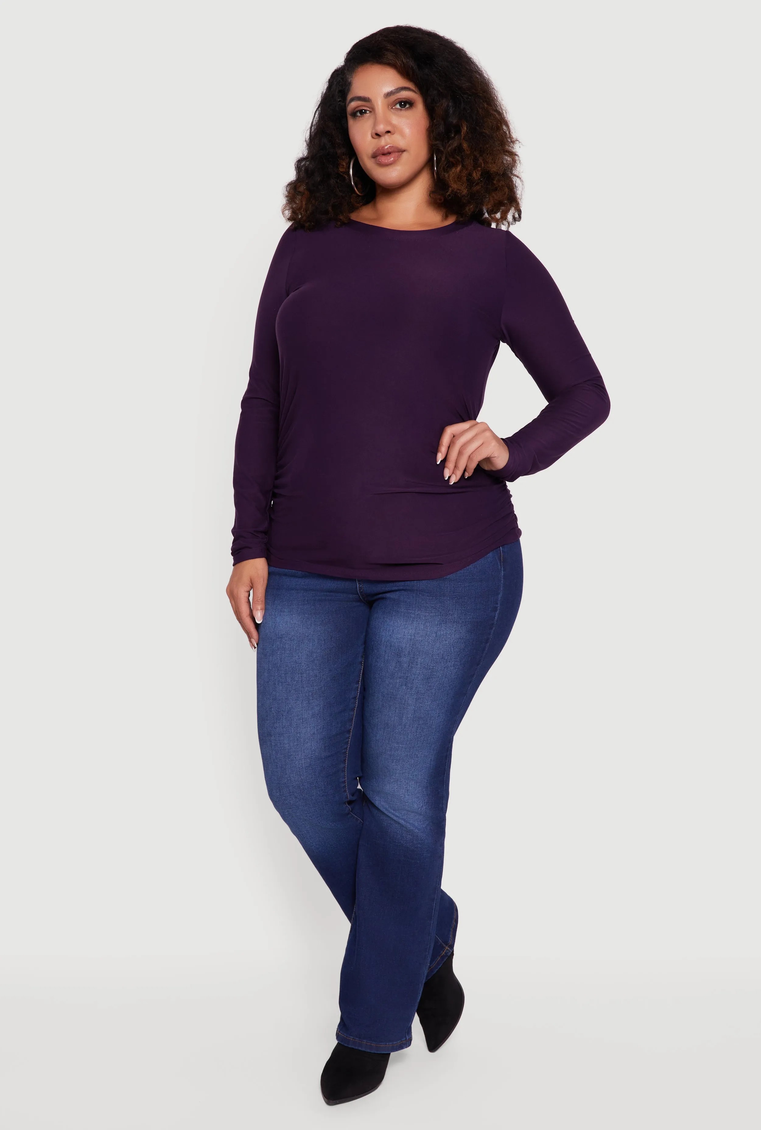 Plus Size Ruched Long Sleeve Solid Crew Neck Top sold by Rainbow