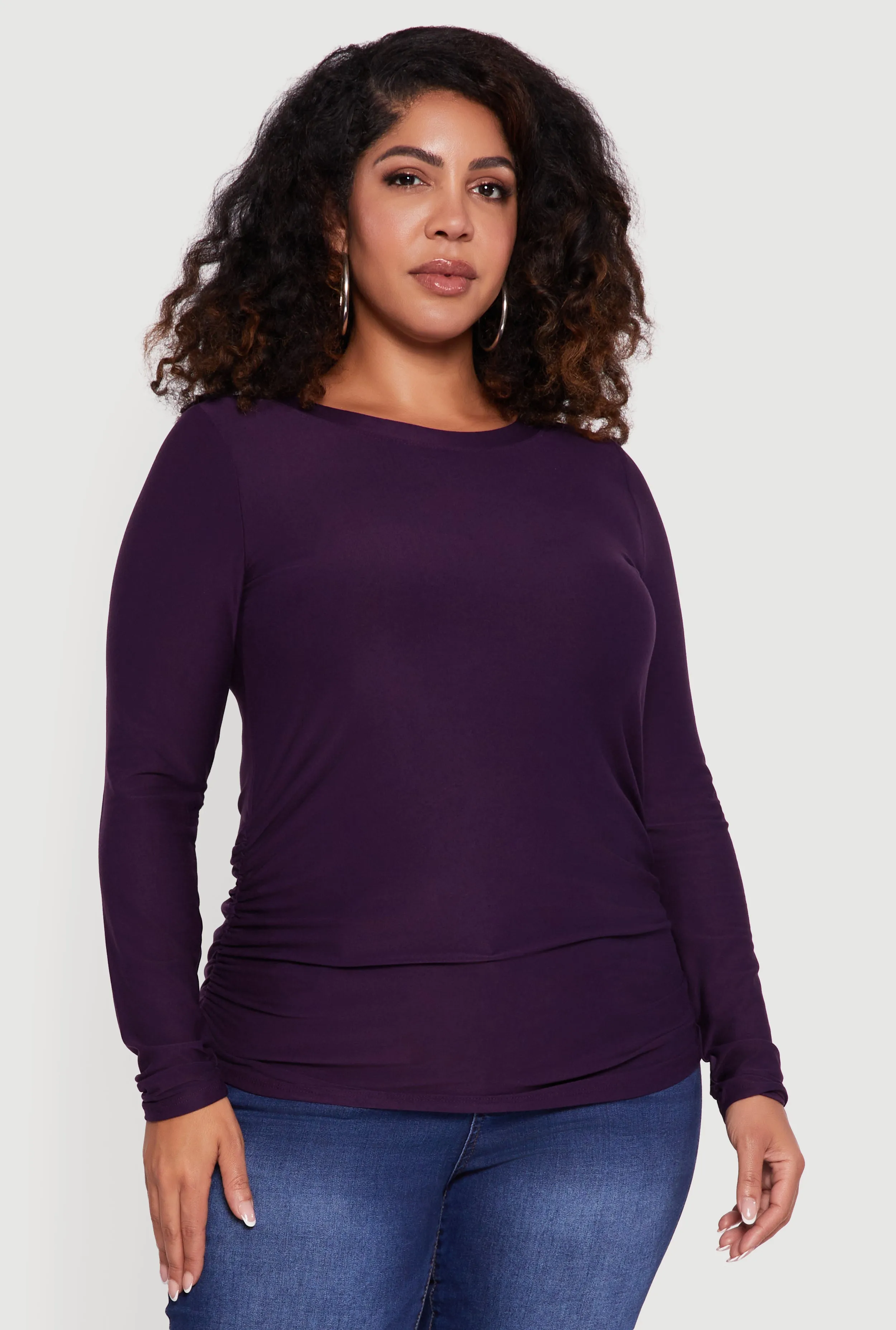 Plus Size Ruched Long Sleeve Solid Crew Neck Top sold by Rainbow product image thumbnail 2