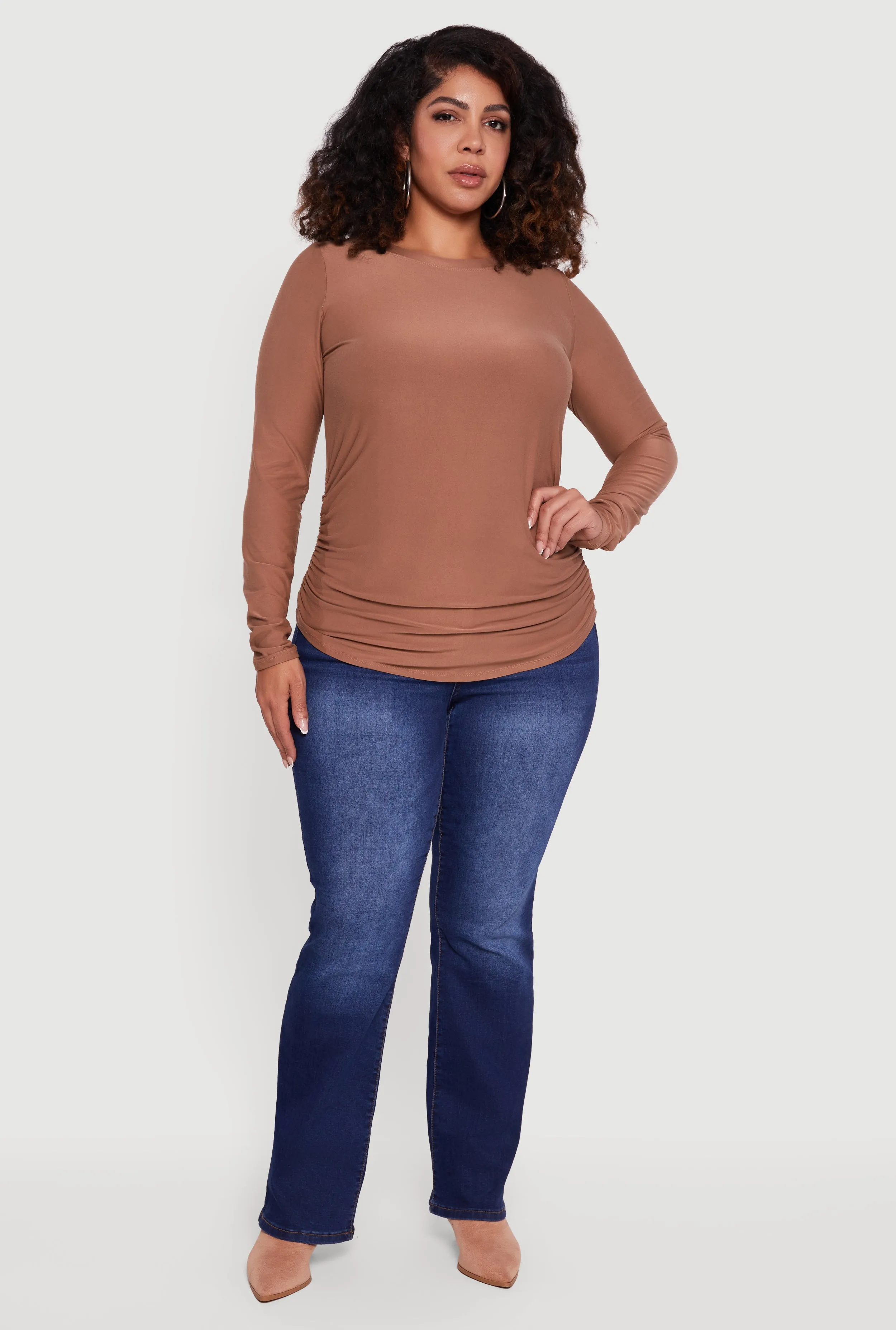 Plus Size Ruched Long Sleeve Solid Crew Neck Top sold by Rainbow