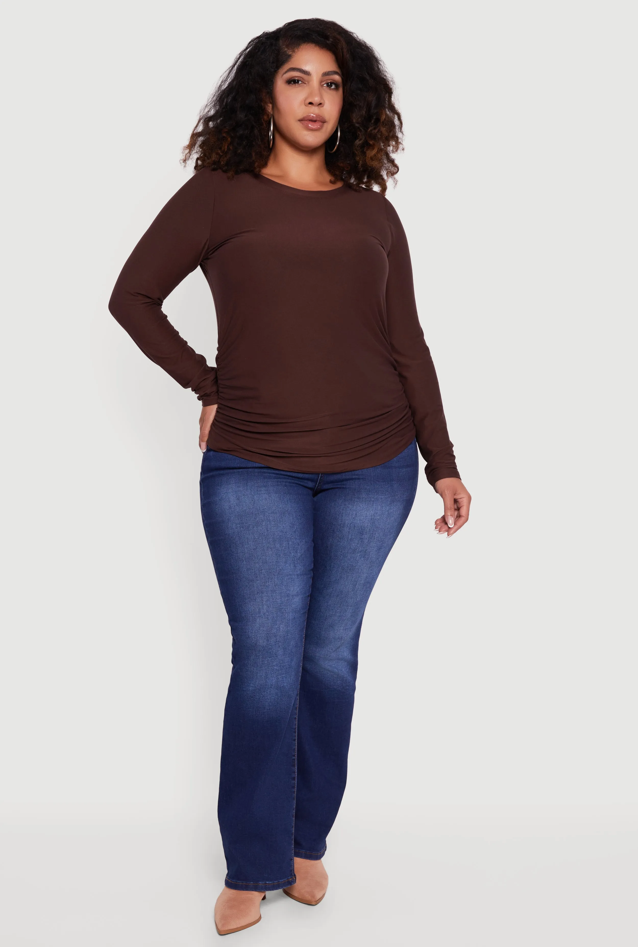 Plus Size Ruched Long Sleeve Solid Crew Neck Top sold by Rainbow