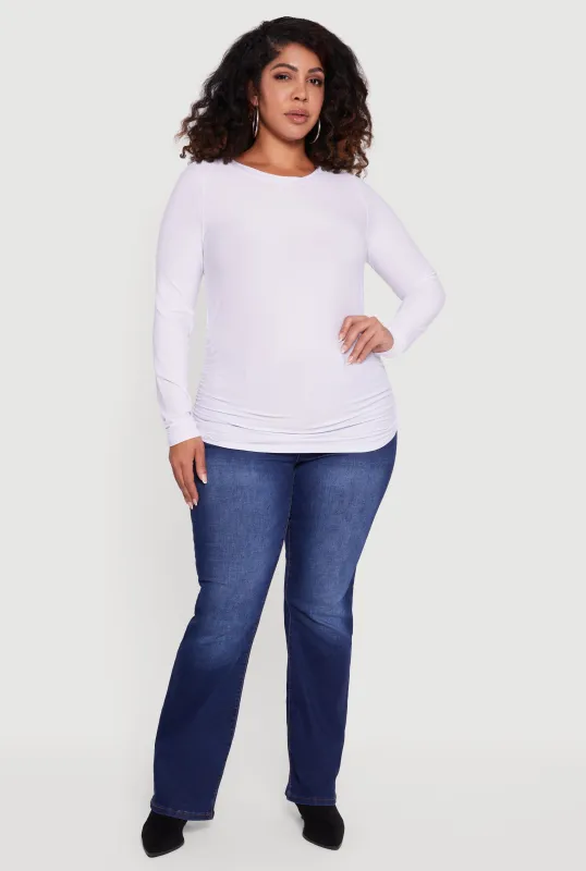 Plus Size Ruched Long Sleeve Solid Crew Neck Top sold by Rainbow