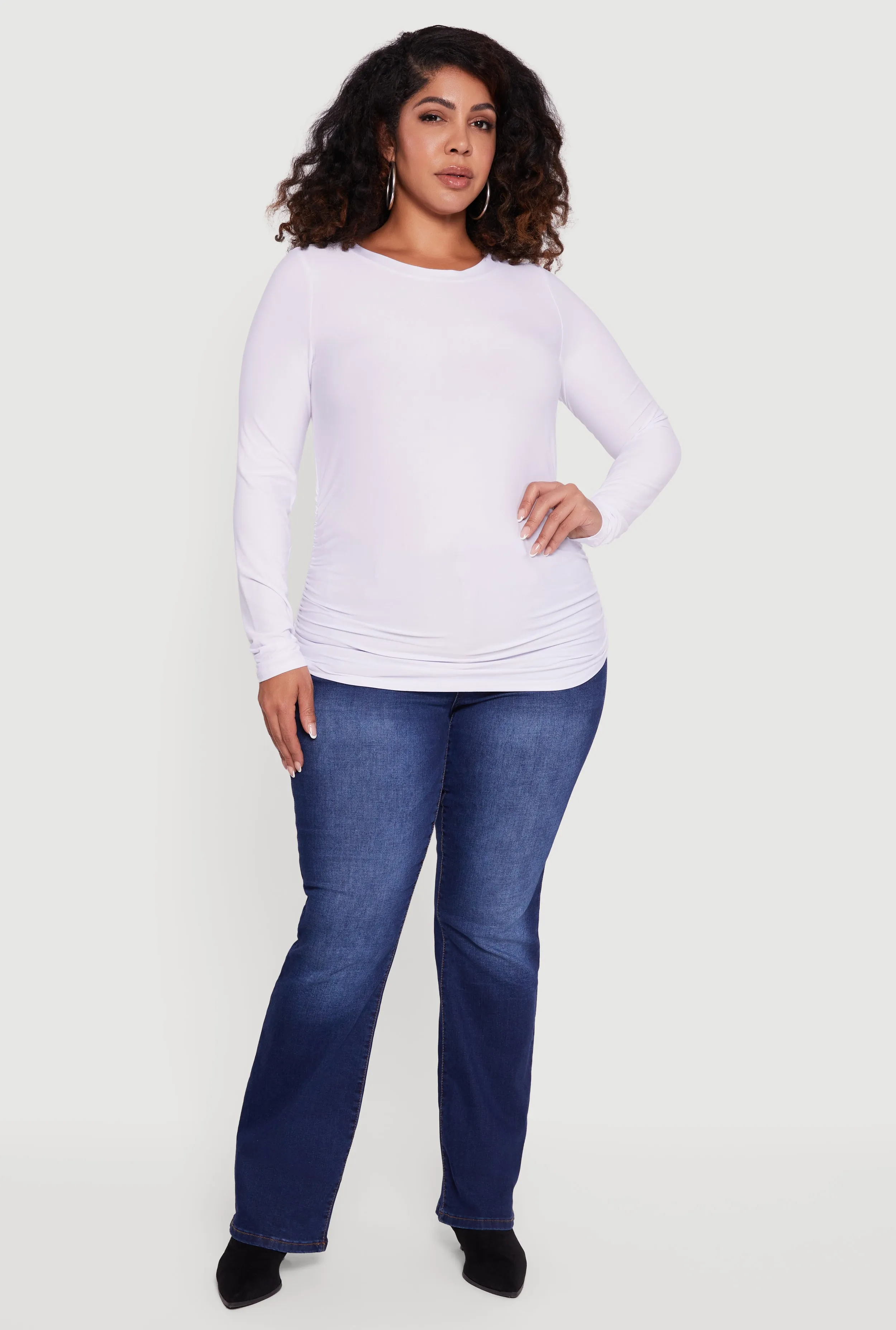 Plus Size Ruched Long Sleeve Solid Crew Neck Top sold by Rainbow