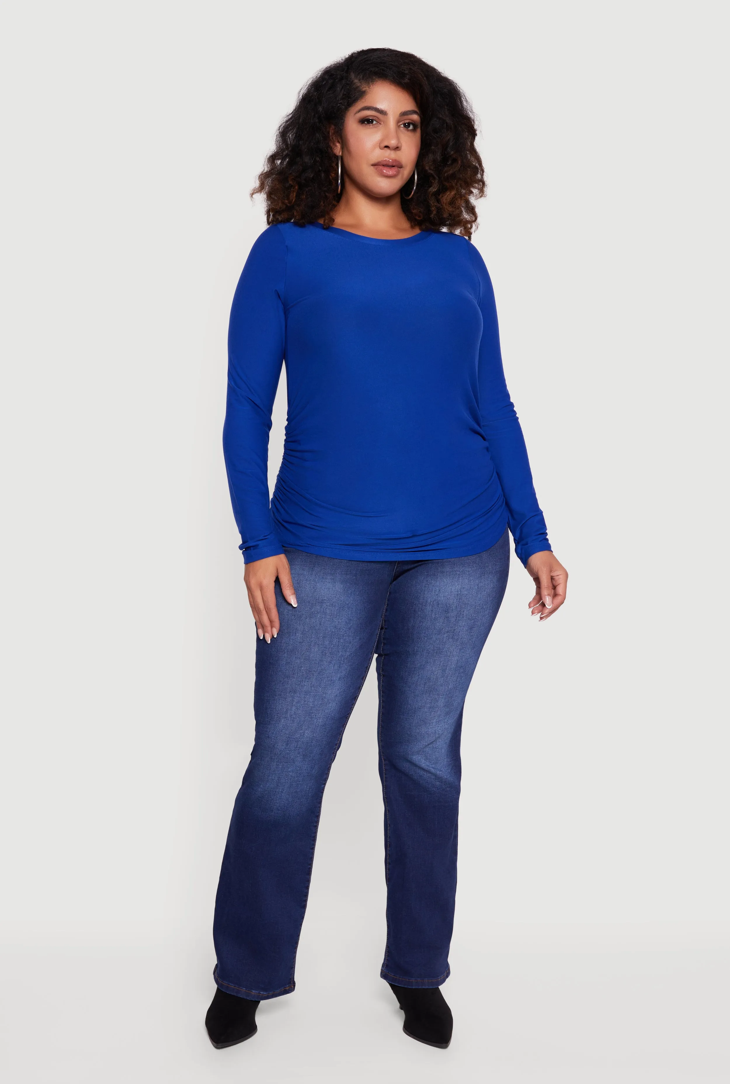 Plus Size Ruched Long Sleeve Solid Crew Neck Top sold by Rainbow