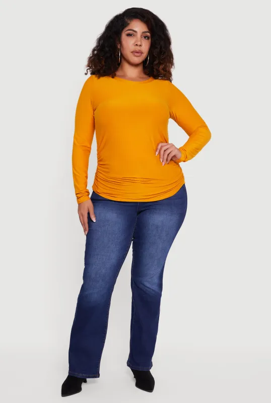 Plus Size Ruched Long Sleeve Solid Crew Neck Top sold by Rainbow