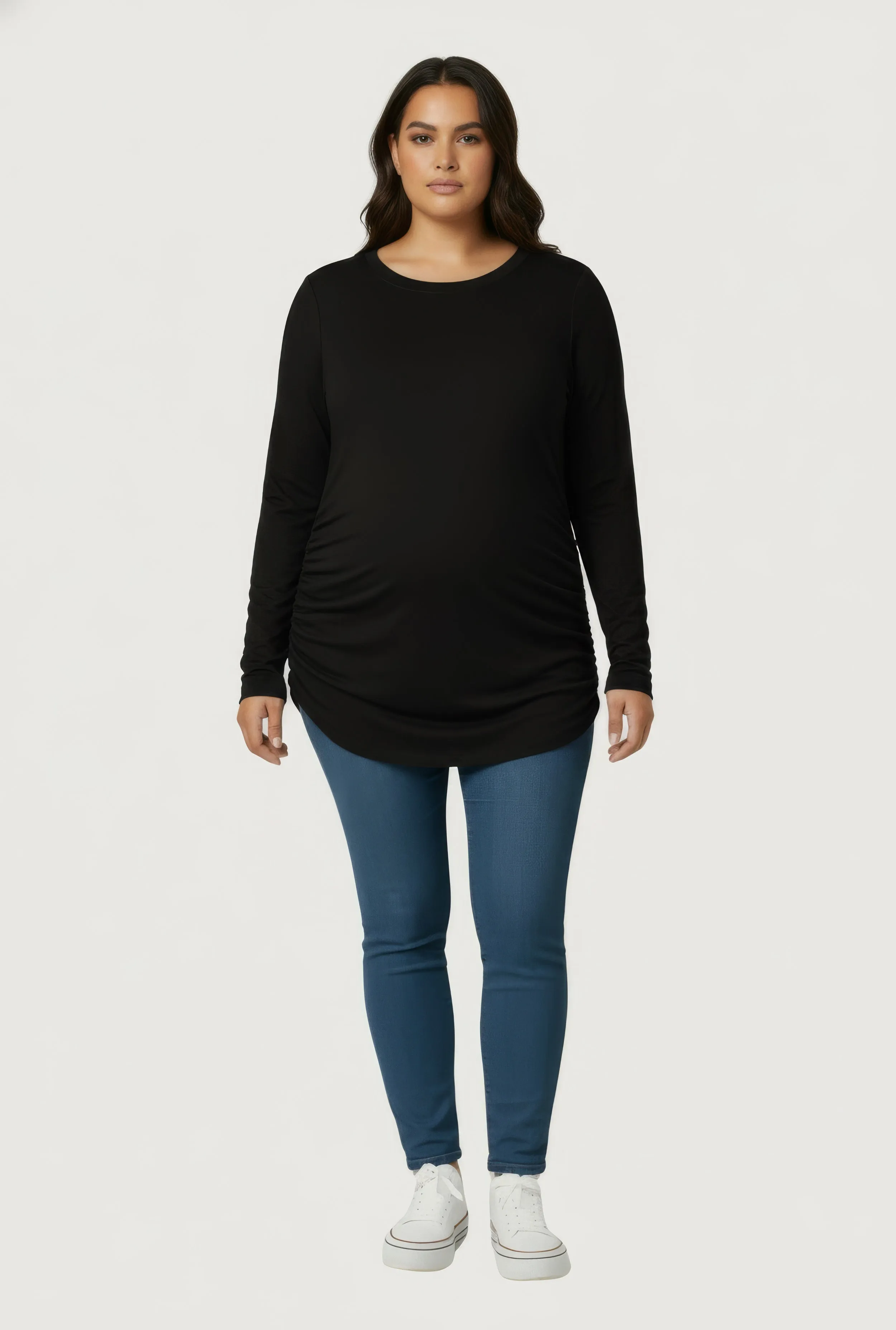 Plus Size Ruched Long Sleeve Solid Crew Neck Top sold by Rainbow