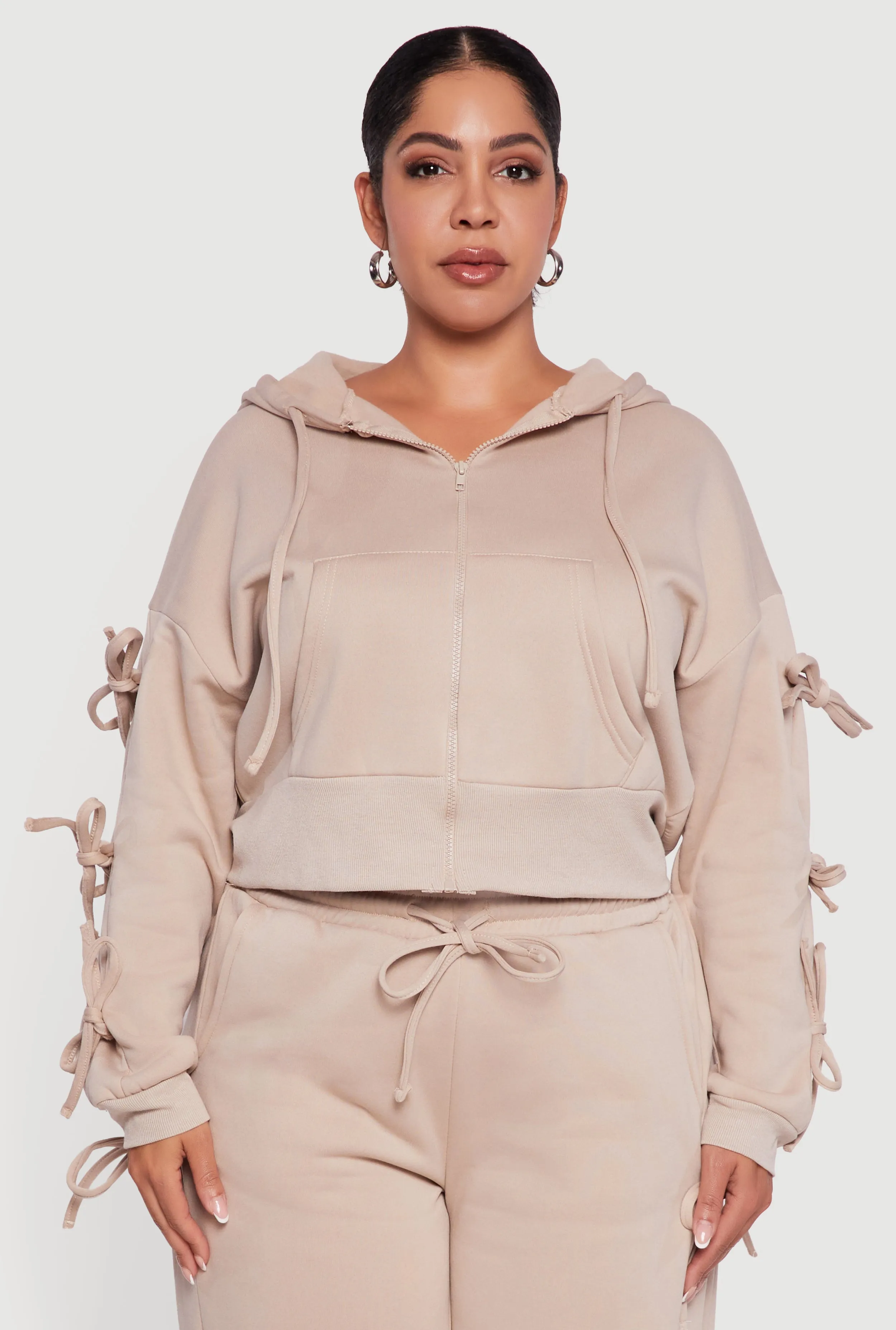 Plus Size Zip Front Hooded Sweatshirt with Side Ties sold by Rainbow