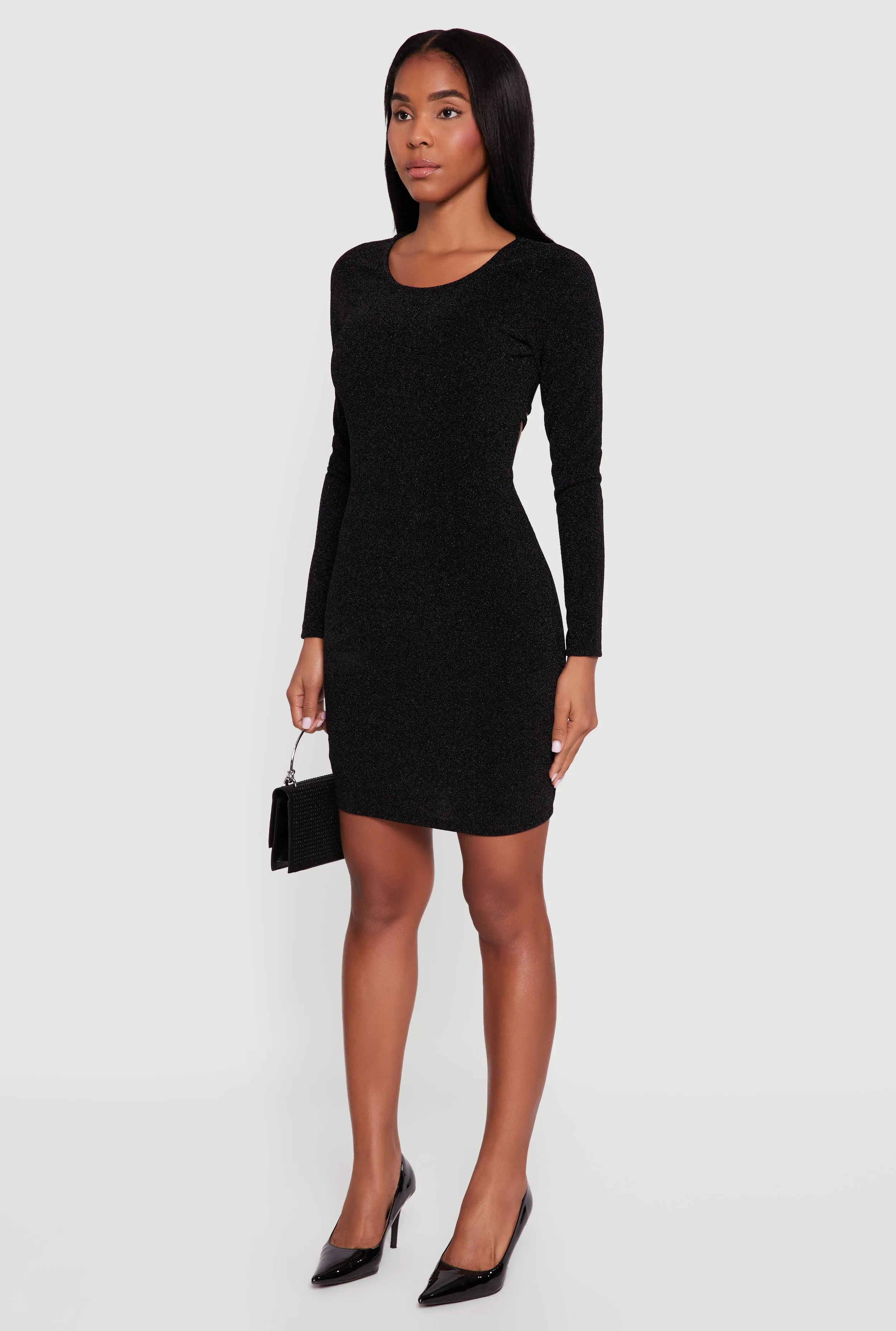 Almost Famous Lurex Long Sleeve Tie Back Cut Out Mini Dress sold by Rainbow product image thumbnail 3