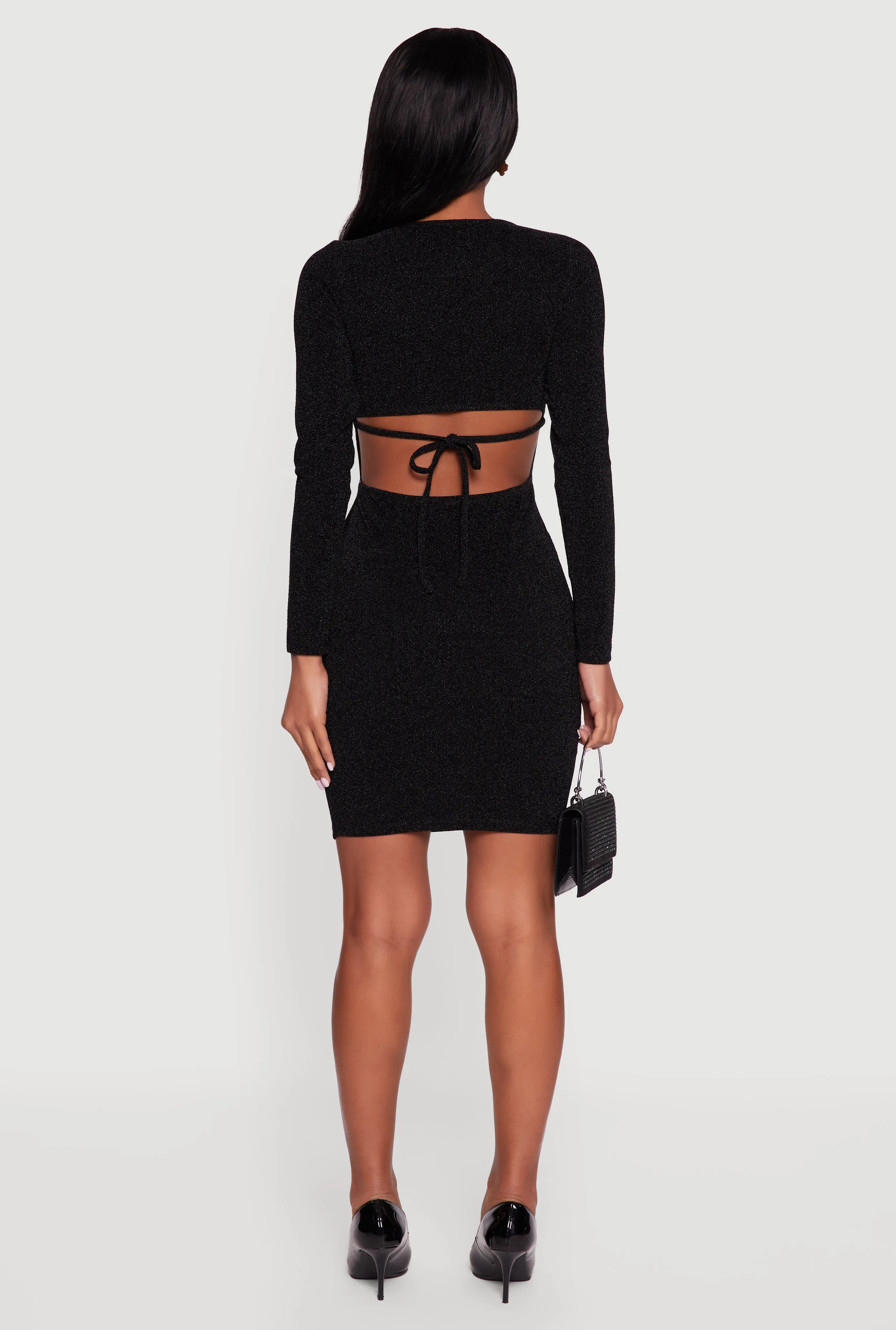 Almost Famous Lurex Long Sleeve Tie Back Cut Out Mini Dress sold by Rainbow product image thumbnail 5