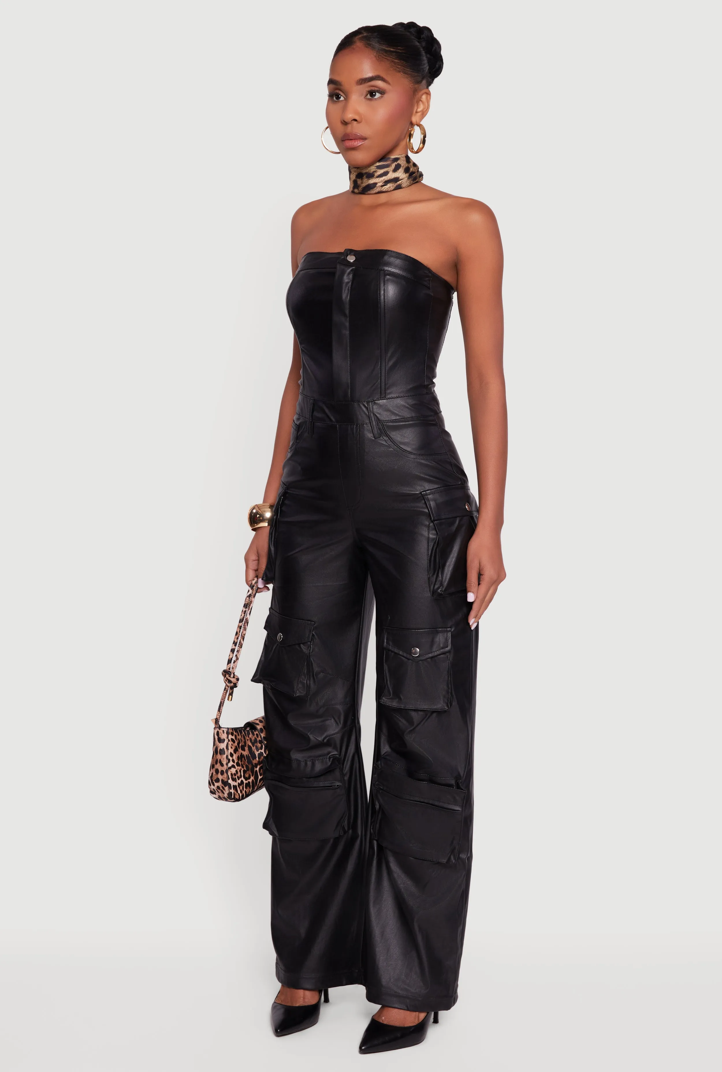 Faux Leather Strapless Cargo Pocket Wide Leg Jumpsuit sold by Rainbow product image thumbnail 3