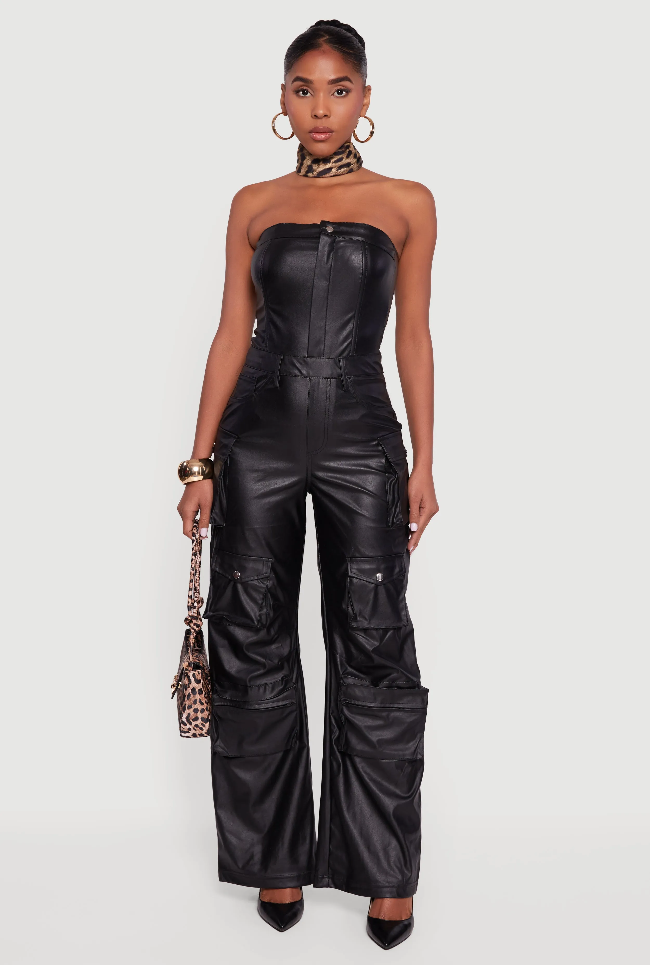Faux Leather Strapless Cargo Pocket Wide Leg Jumpsuit sold by Rainbow