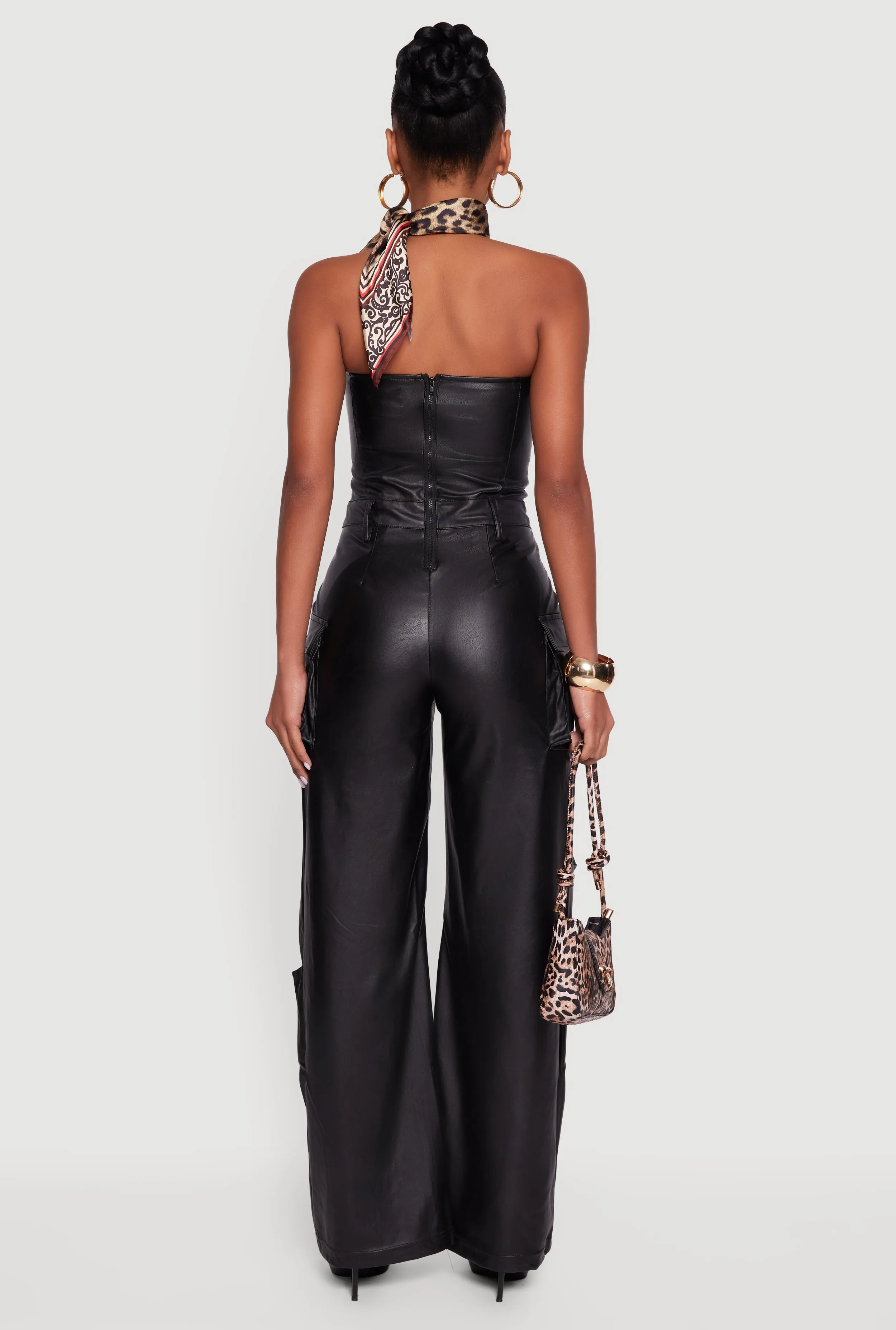 Faux Leather Strapless Cargo Pocket Wide Leg Jumpsuit sold by Rainbow product image thumbnail 5