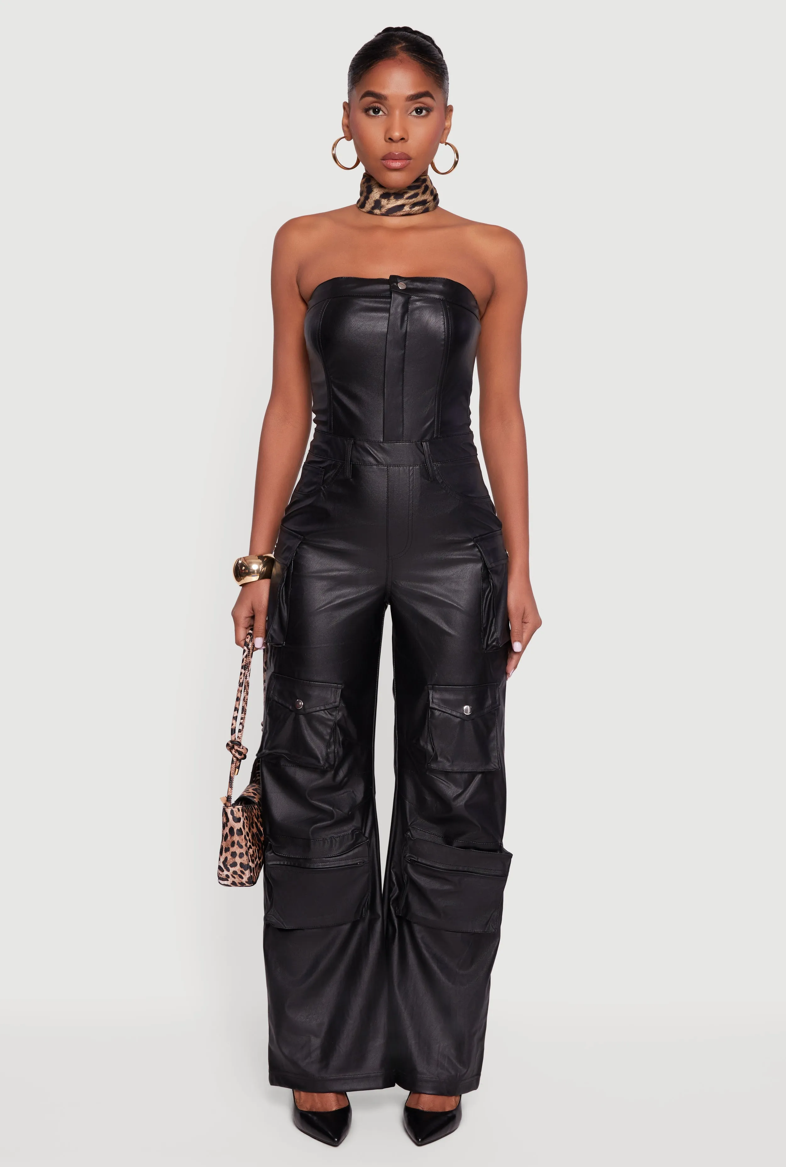Faux Leather Strapless Cargo Pocket Wide Leg Jumpsuit sold by Rainbow product image thumbnail 2