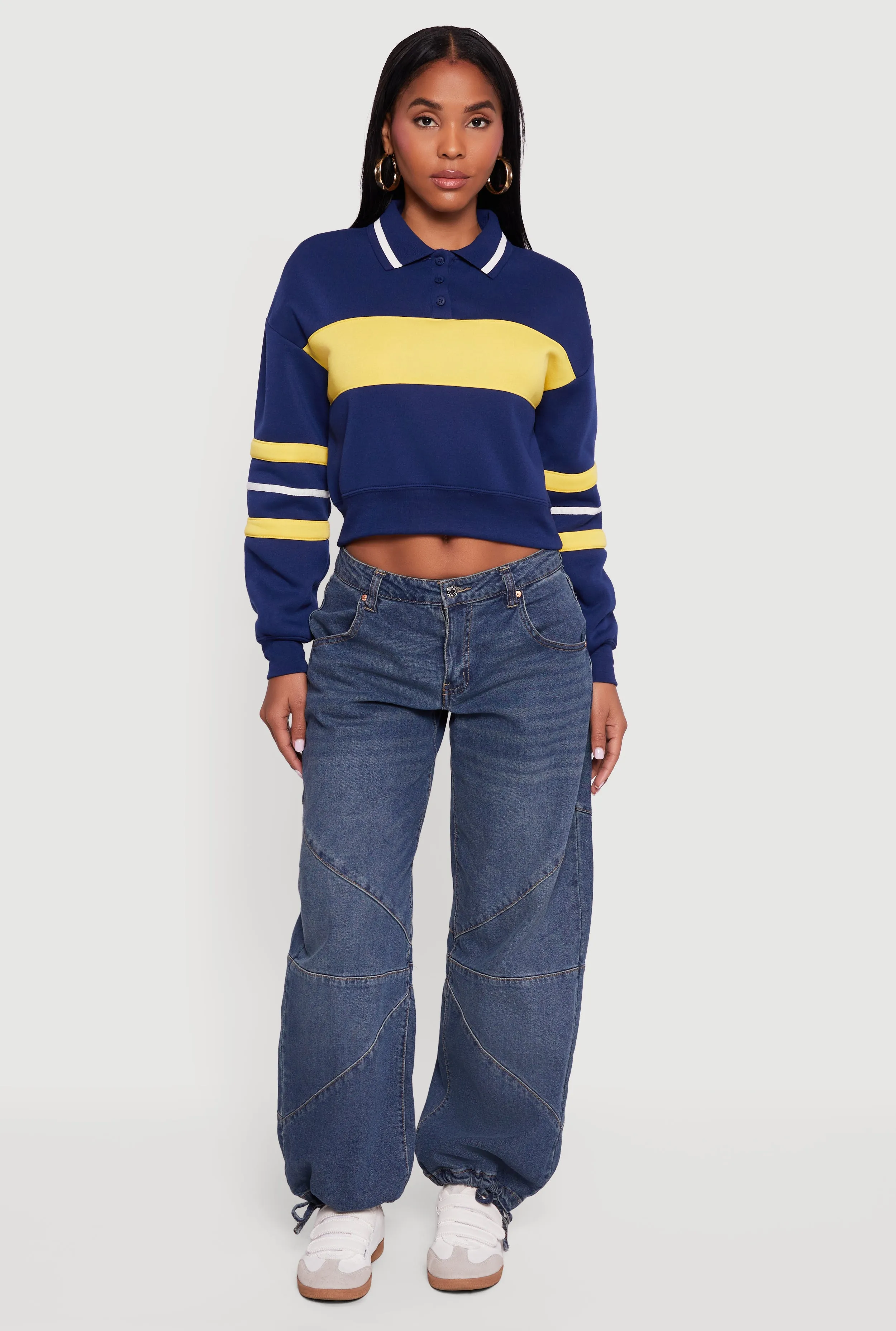 Cropped Color Block Polo Collar Sweatshirt sold by Rainbow product image thumbnail 3