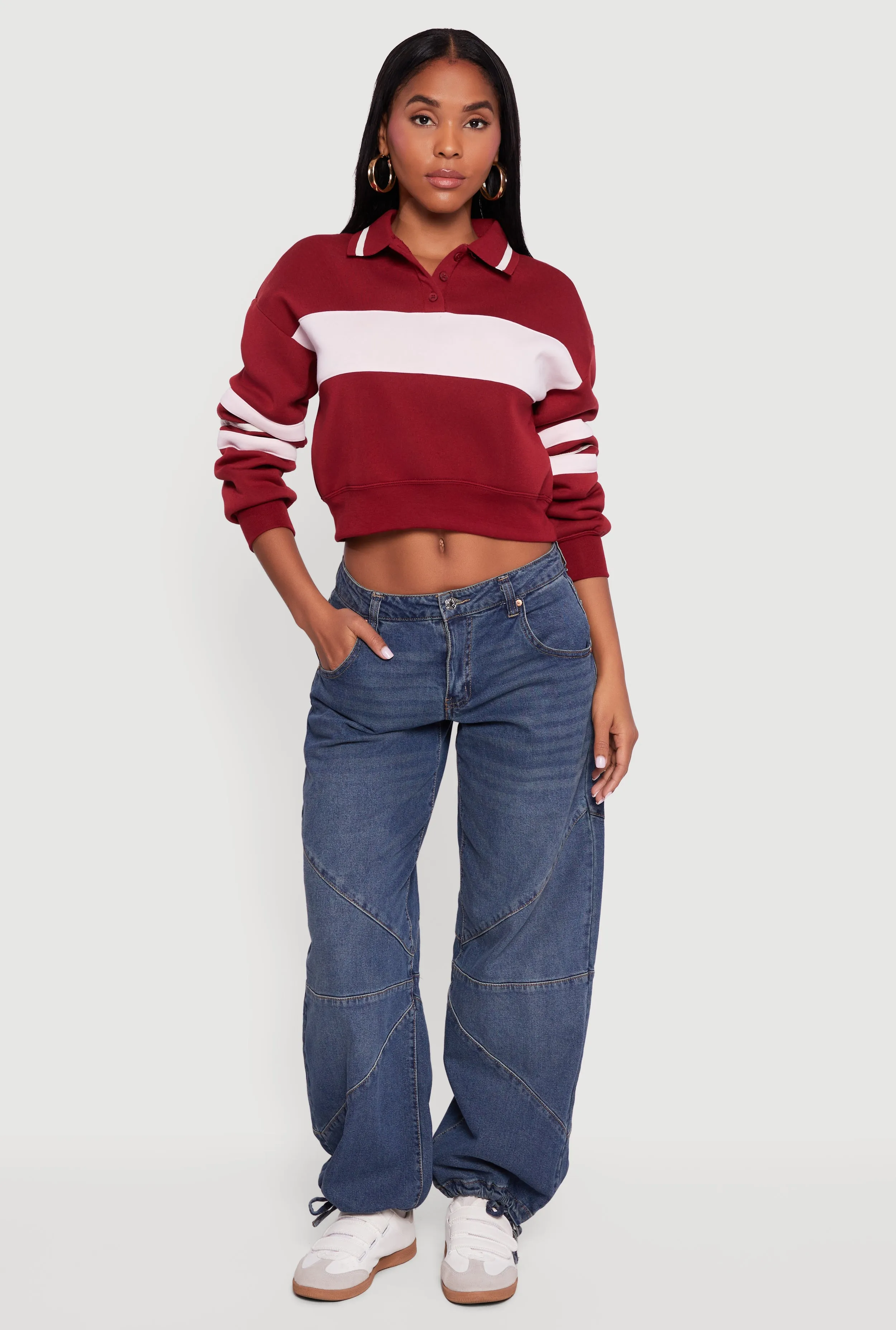 Cropped Color Block Polo Collar Sweatshirt sold by Rainbow product image thumbnail 4