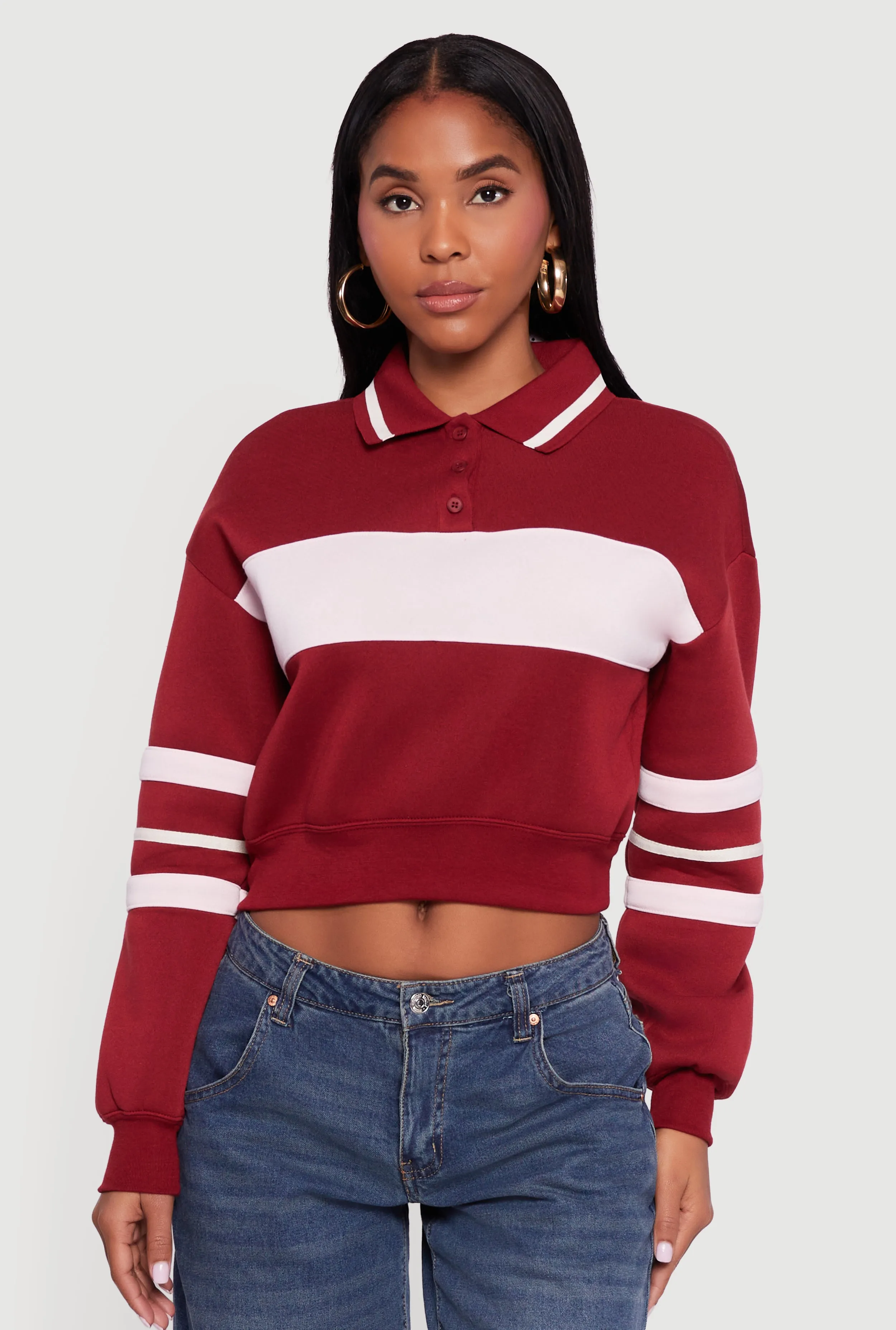 Cropped Color Block Polo Collar Sweatshirt sold by Rainbow product image thumbnail 2