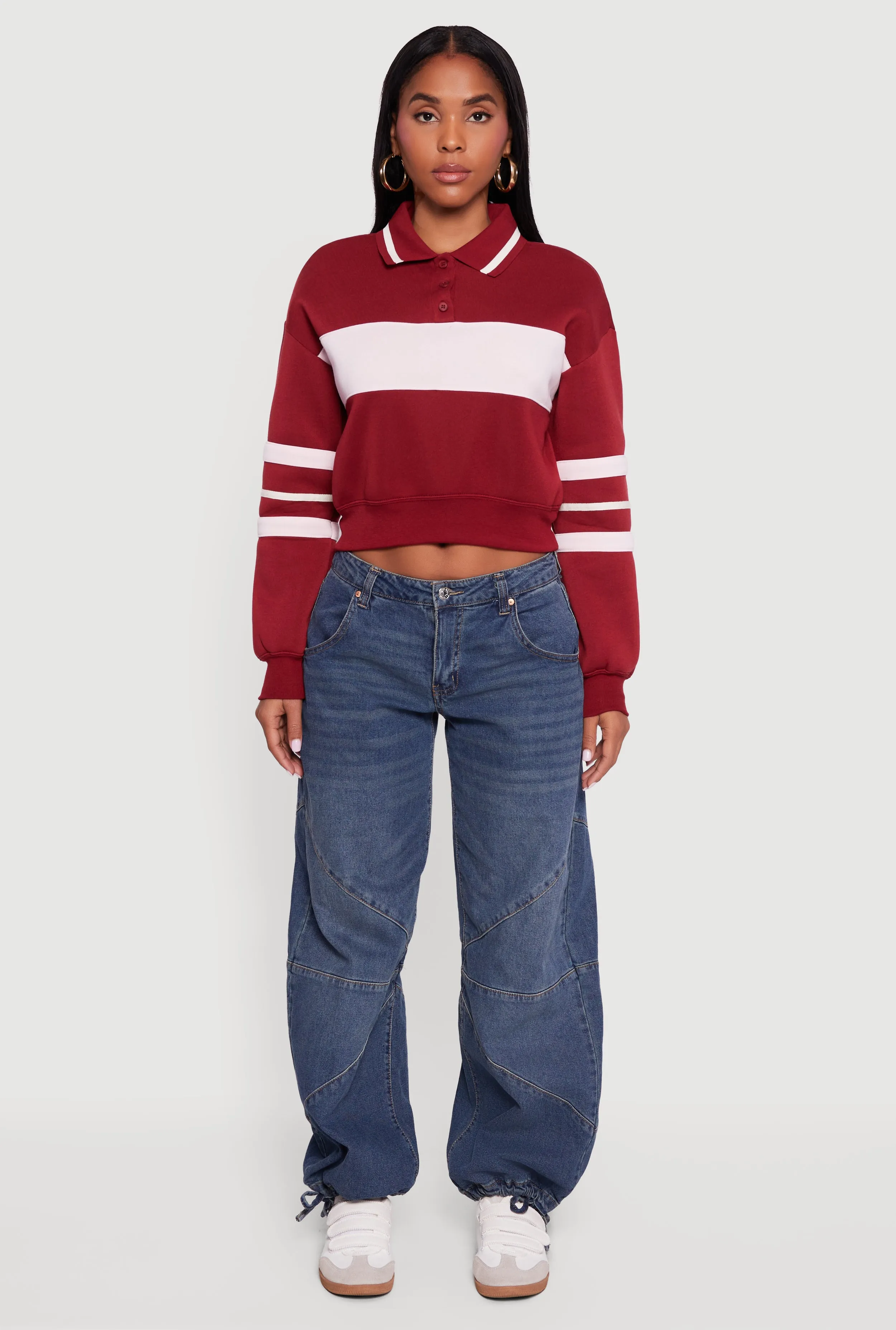 Cropped Color Block Polo Collar Sweatshirt sold by Rainbow product image thumbnail 3