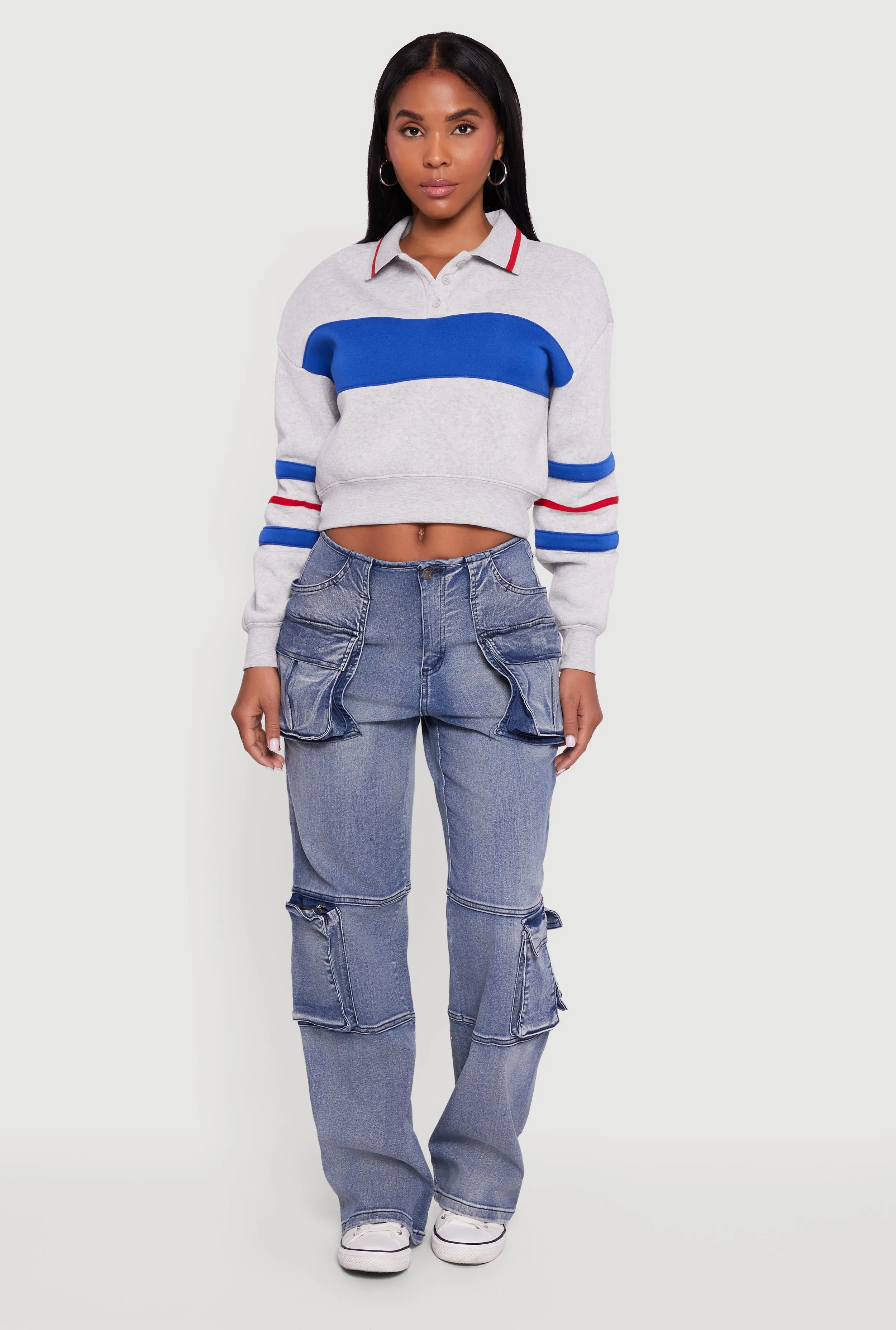 Cropped Color Block Polo Collar Sweatshirt sold by Rainbow