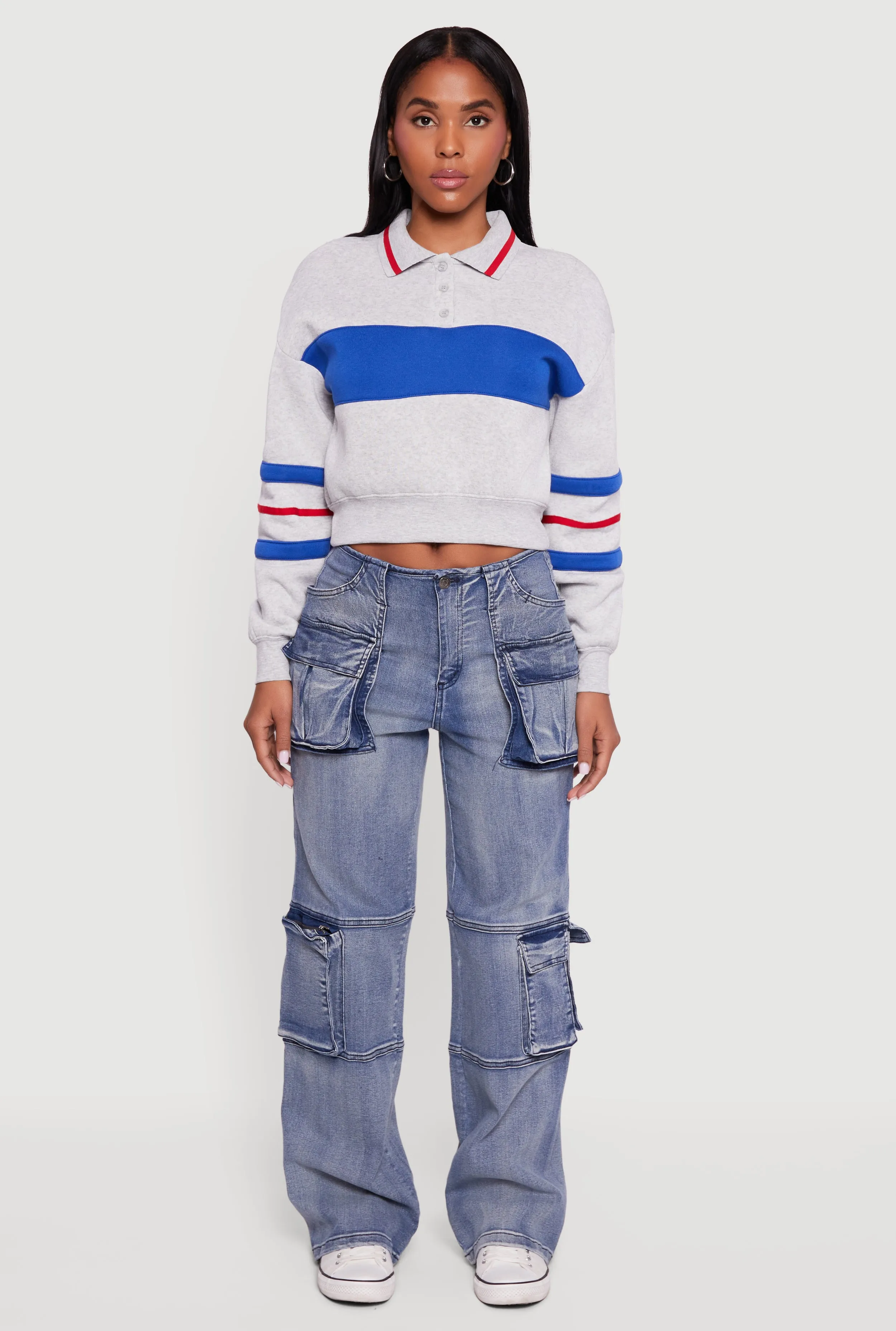 Cropped Color Block Polo Collar Sweatshirt sold by Rainbow product image thumbnail 3