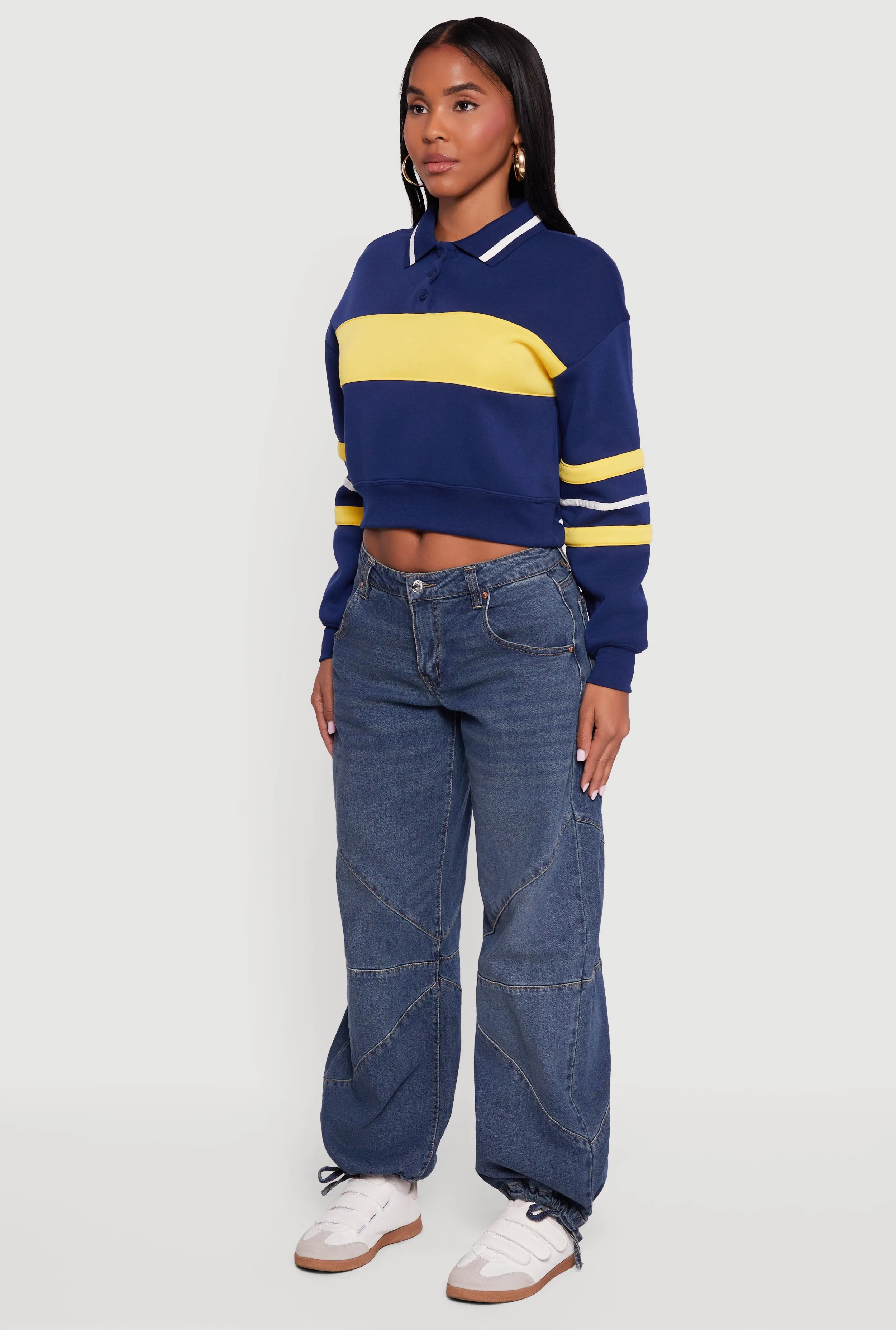 Cropped Color Block Polo Collar Sweatshirt sold by Rainbow product image thumbnail 5