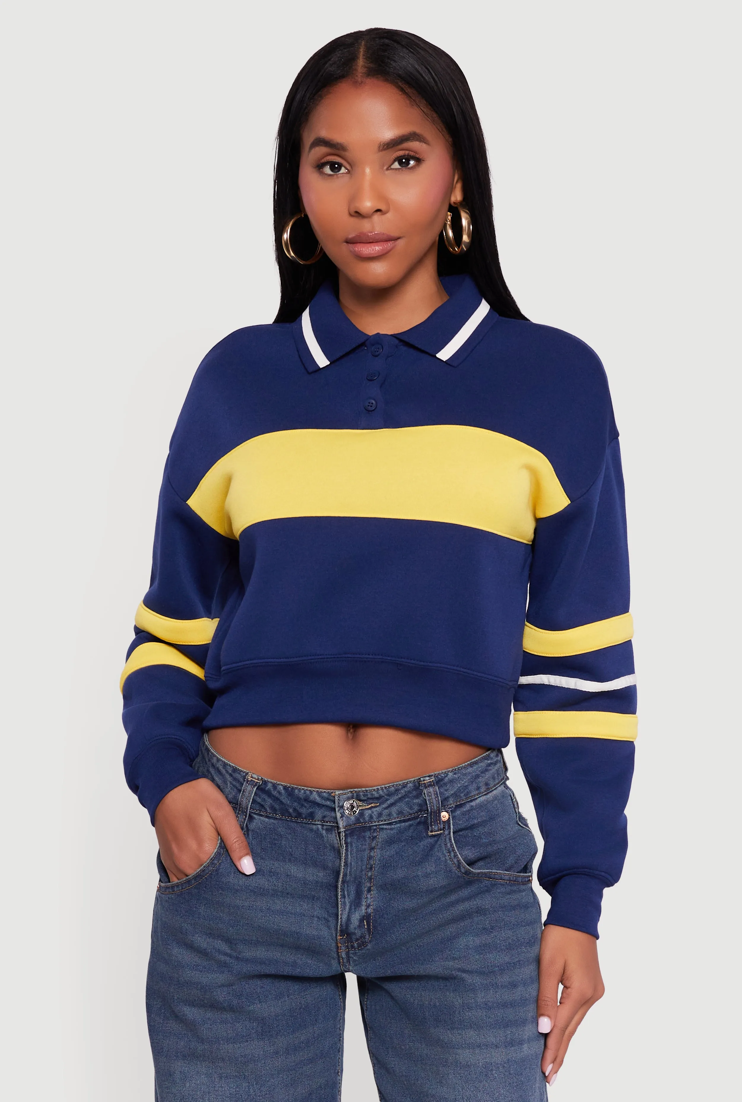 Cropped Color Block Polo Collar Sweatshirt sold by Rainbow product image thumbnail 2